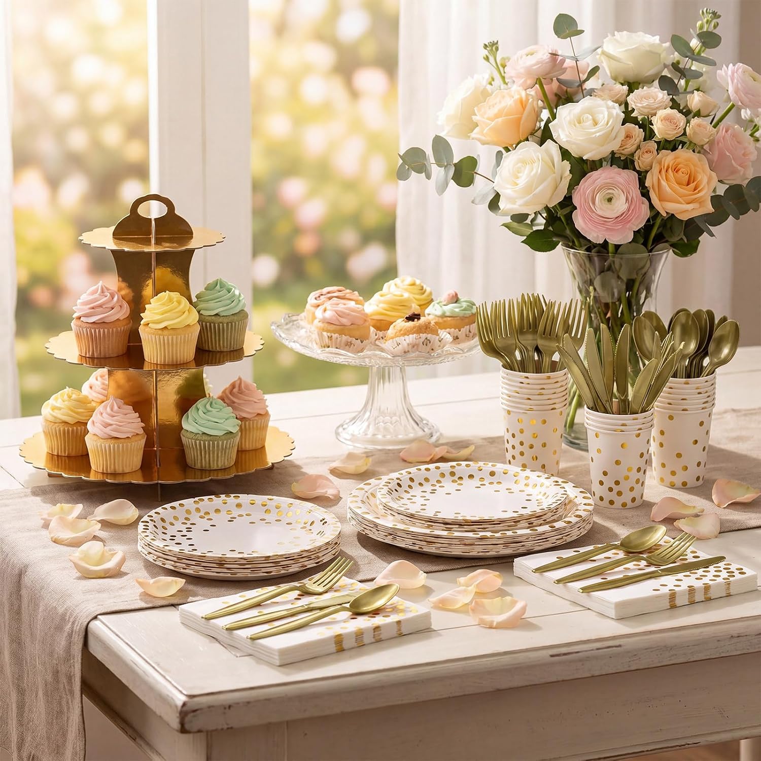 Havawish 170 Pcs White and Gold Party Supplies for 24 Guests Gold Polka Dot Tableware Set with 3-tier Cupcake Stands Disposable Paper Plates Cups Napkins Cutlery for Birthday Wedding Bridal Shower