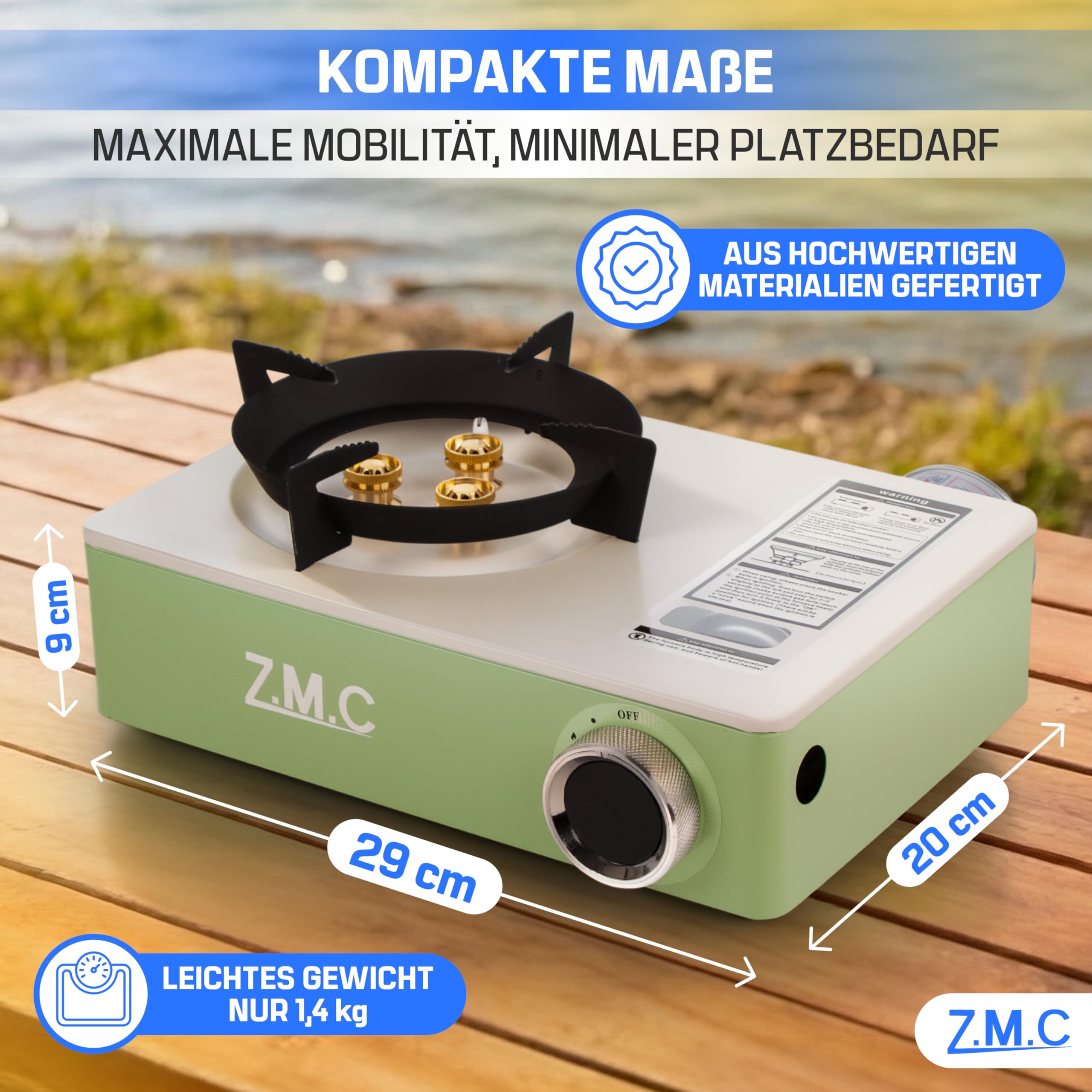 Z.M.C Gaskocher 1-flammig 3,5 kW inkl. 8x Gaskartuschen 227g | 3-Brenner & Piezo-Zündung | Campingkocher mit Transportkoffer | kompakt 1,4 kg | Camping Outdoor