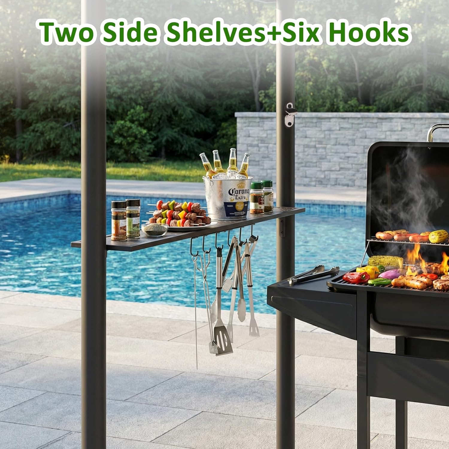 CHARMELEON 8x8 FT Grill Gazebo, Grill Canopy with Big Awning&2 Side Shelves&6 Hooks&Bottle Opener, Powder-Coated Steel BBQ Shelter for Patio Backyard Outdoor Grilling-Light Gray