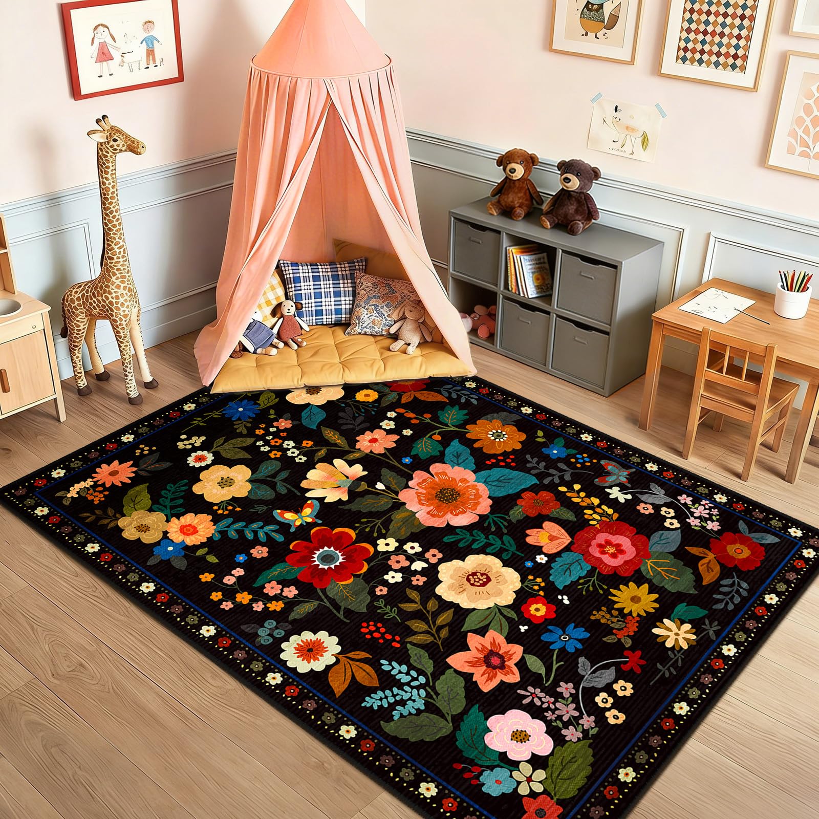 DEFYNEE Machine Washable Rugs Living Room, 120×180cm Floral Rug, Non-Slip Low Pile Boho Vintage Floral Carpet with Printed Design for Kids Room, Bedroom, Kitchen, Entryway, Lounge, Black — image 1