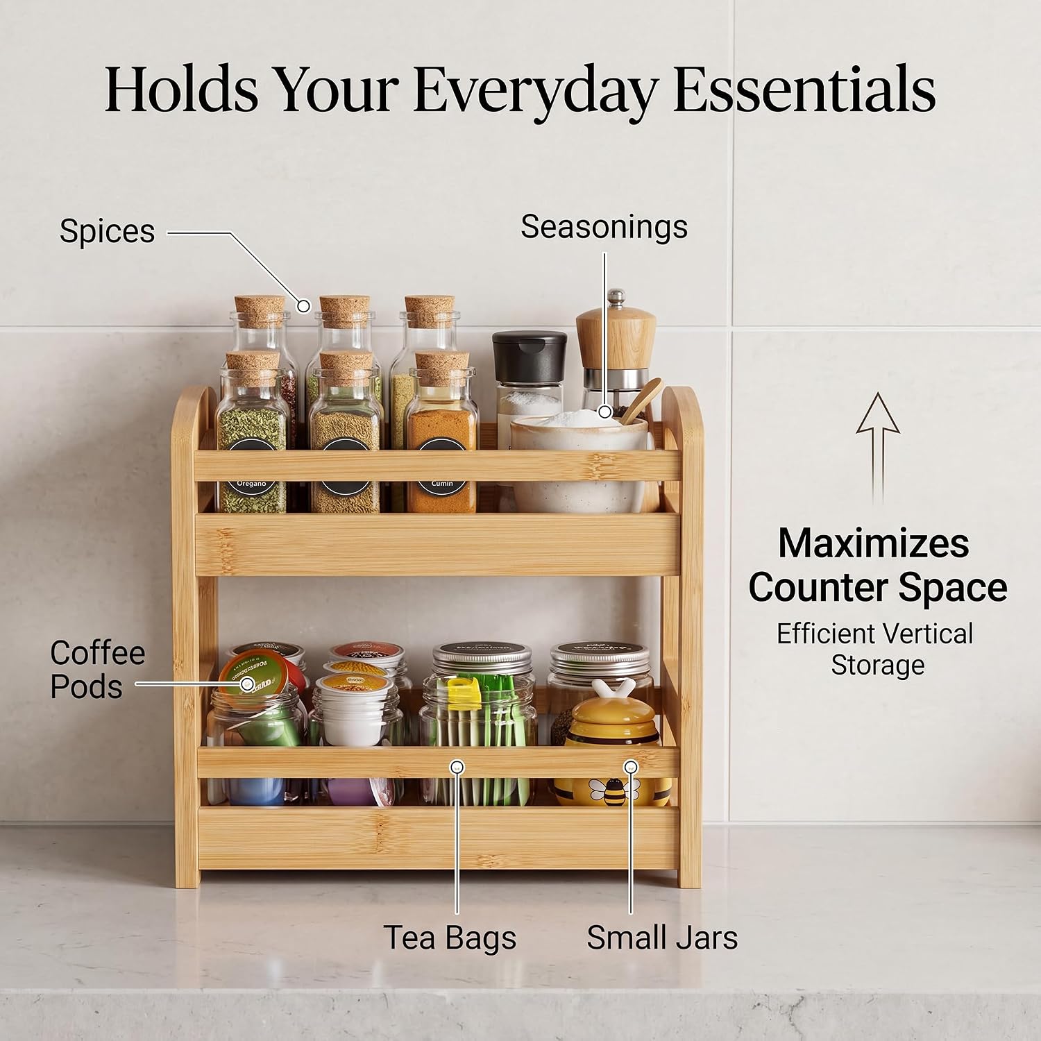 Briful 2 Tier Bamboo Spice Rack Organizer for Countertop, Small Kitchen Shelf for Spices, Coffee Bar, Pantry & Cabinet Organization