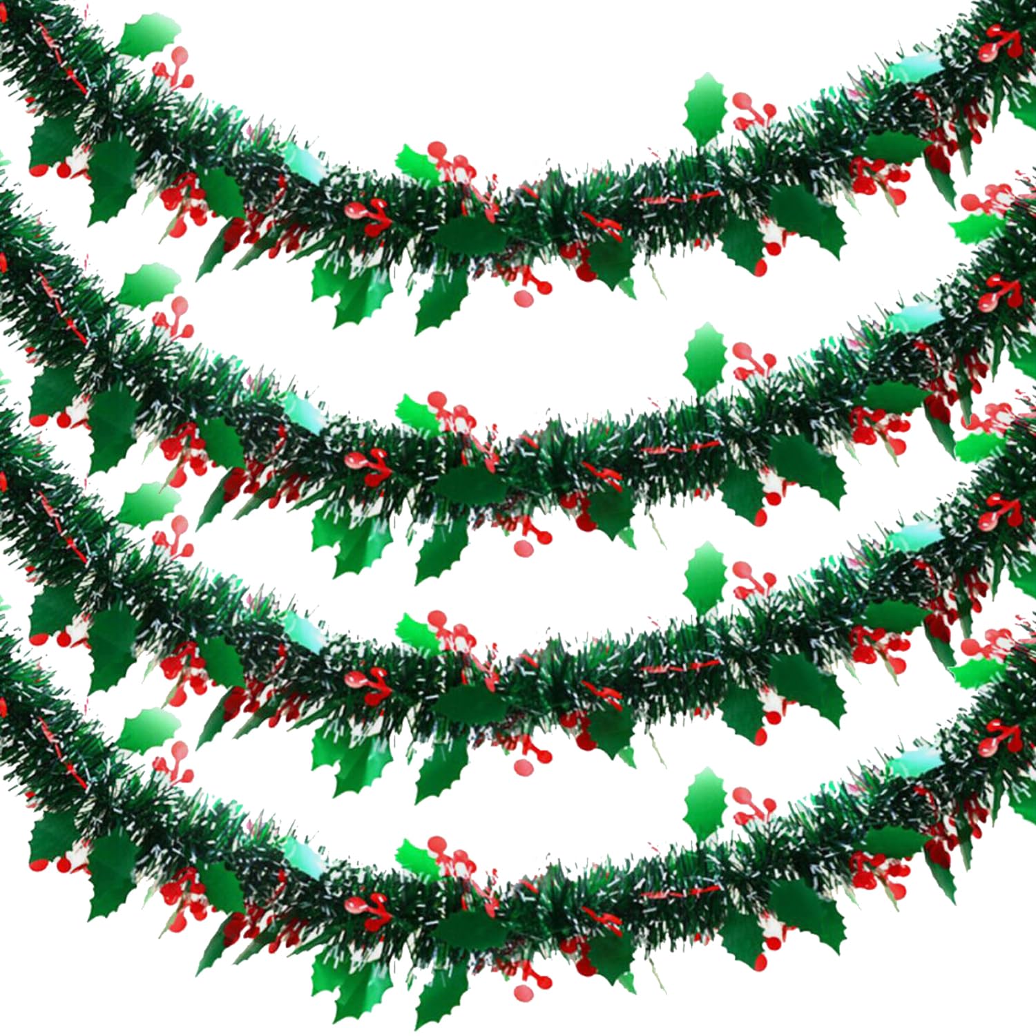 Guirnalda de espumillón para Navidad, Guirnalda De Oropel Navideño Hebras De Oropel De Acebo Verde Bayas Oropel Brillante(4)