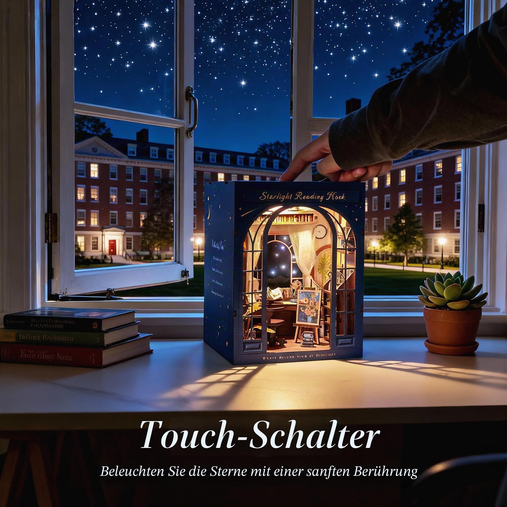 DolphinIsle Book Nook Kits für Erwachsene, DIY Booknook Bücherregal Dekor 3D Holzpuzzle Sternenlicht Leseecke mit funkelndem Sternenhimmel