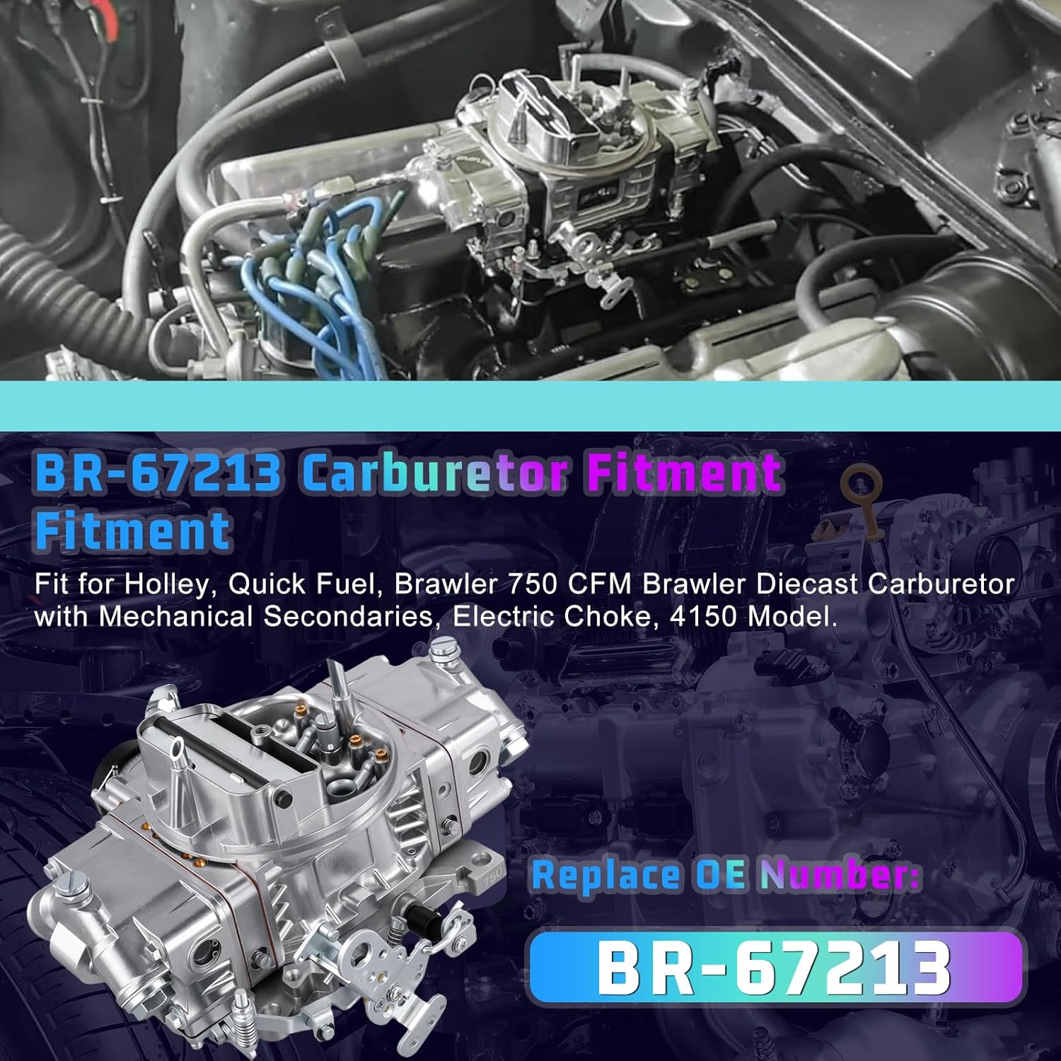 BR-67213 Carburetor 750 CFM Aluminum Electric Choke 4150 Model Compatible with Holley Quick Fuel Brawler Diecast - Direct Replacement Carburetor Kit