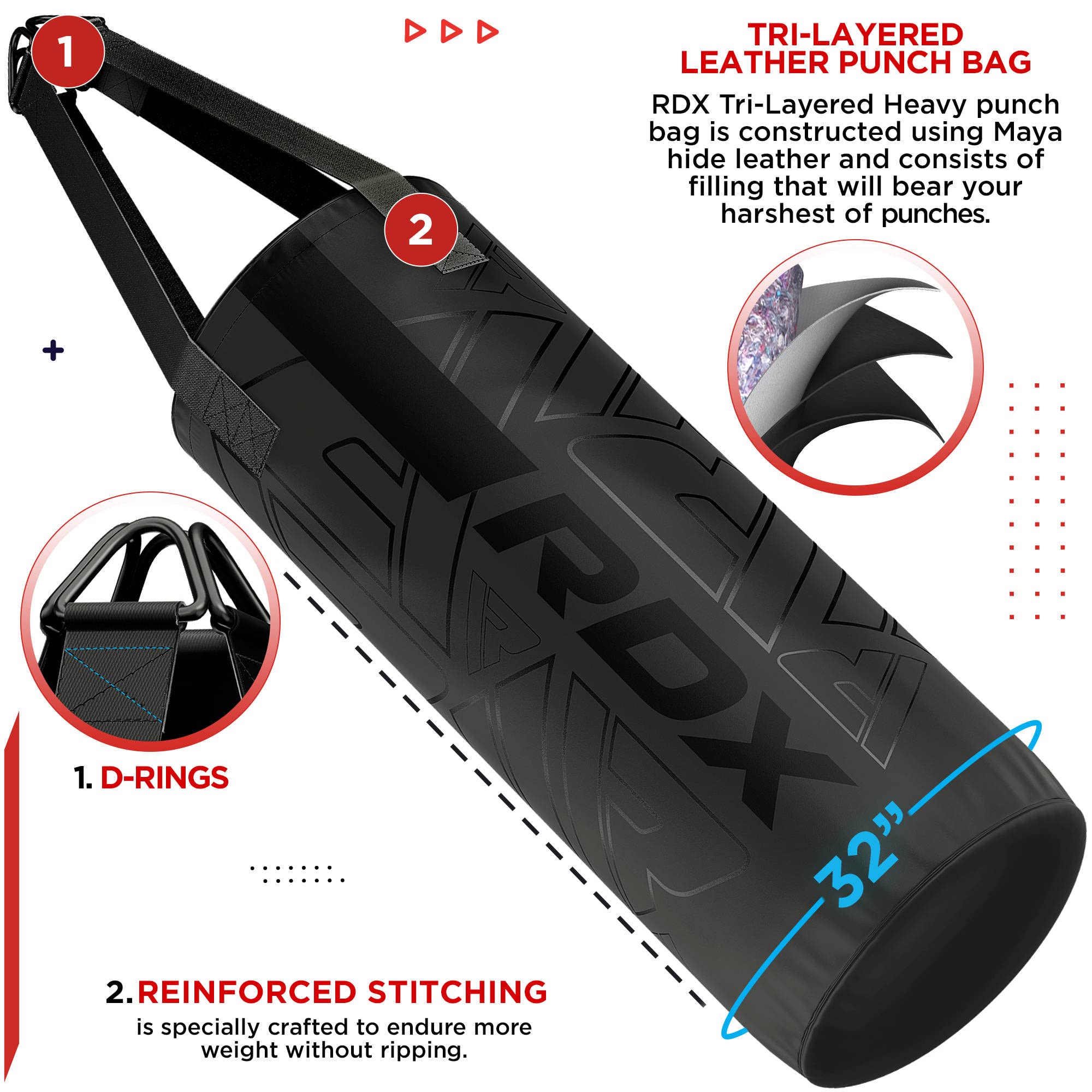 RDX Gefüllt Boxsack Kinder,60 cm Hängend Box Set Für Boxen Kickboxen MMA Muay Thai Karate, Punchingsäcke für Jungen Mädchen, Maya Hide Leder Kids Punching Bag