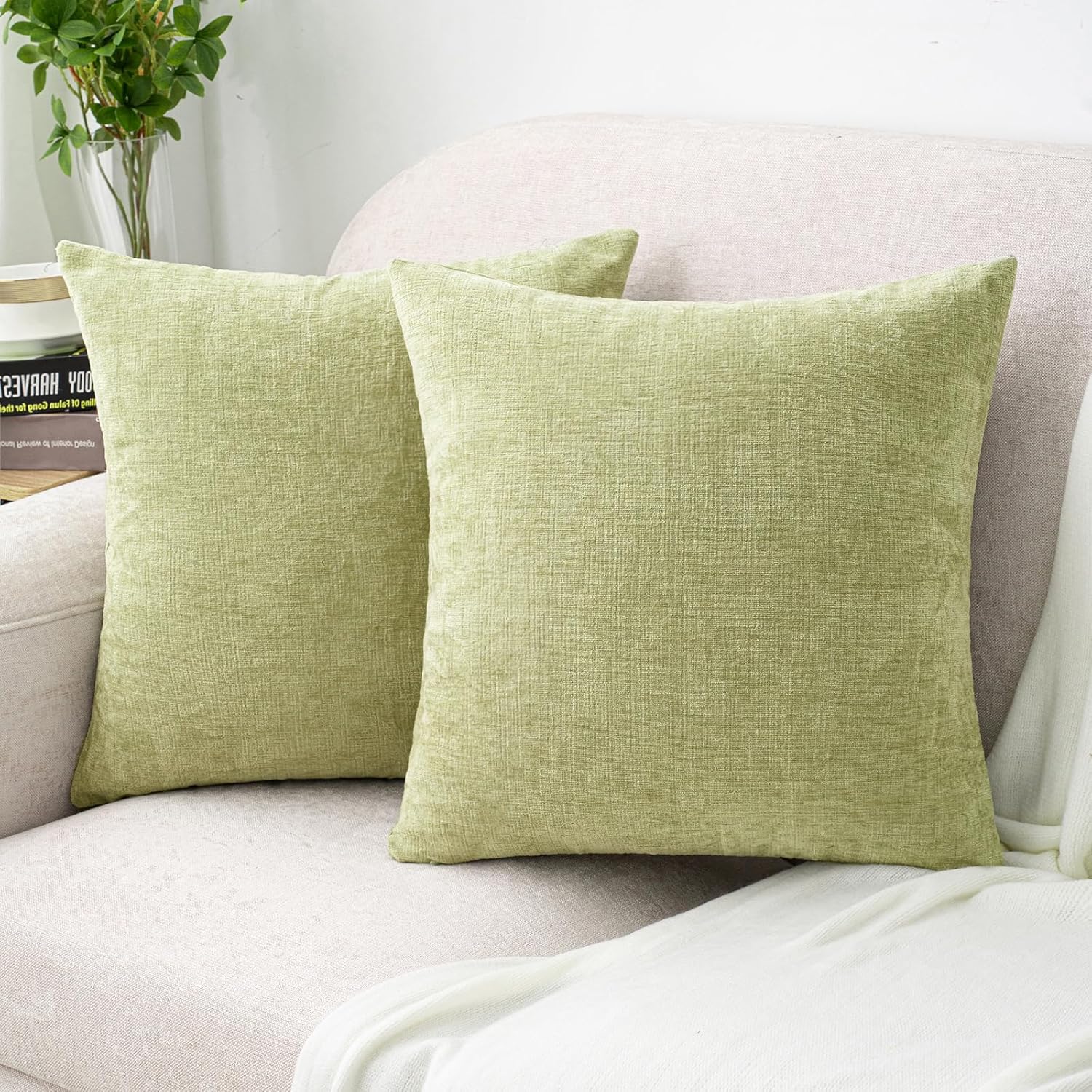 HWY 50 Spring Sage Green Throw Pillow Covers 22x22 Inch Pack of 2, Soft Chenille Decorative Cushion Cases for Couch Sofa Bed Living Room
