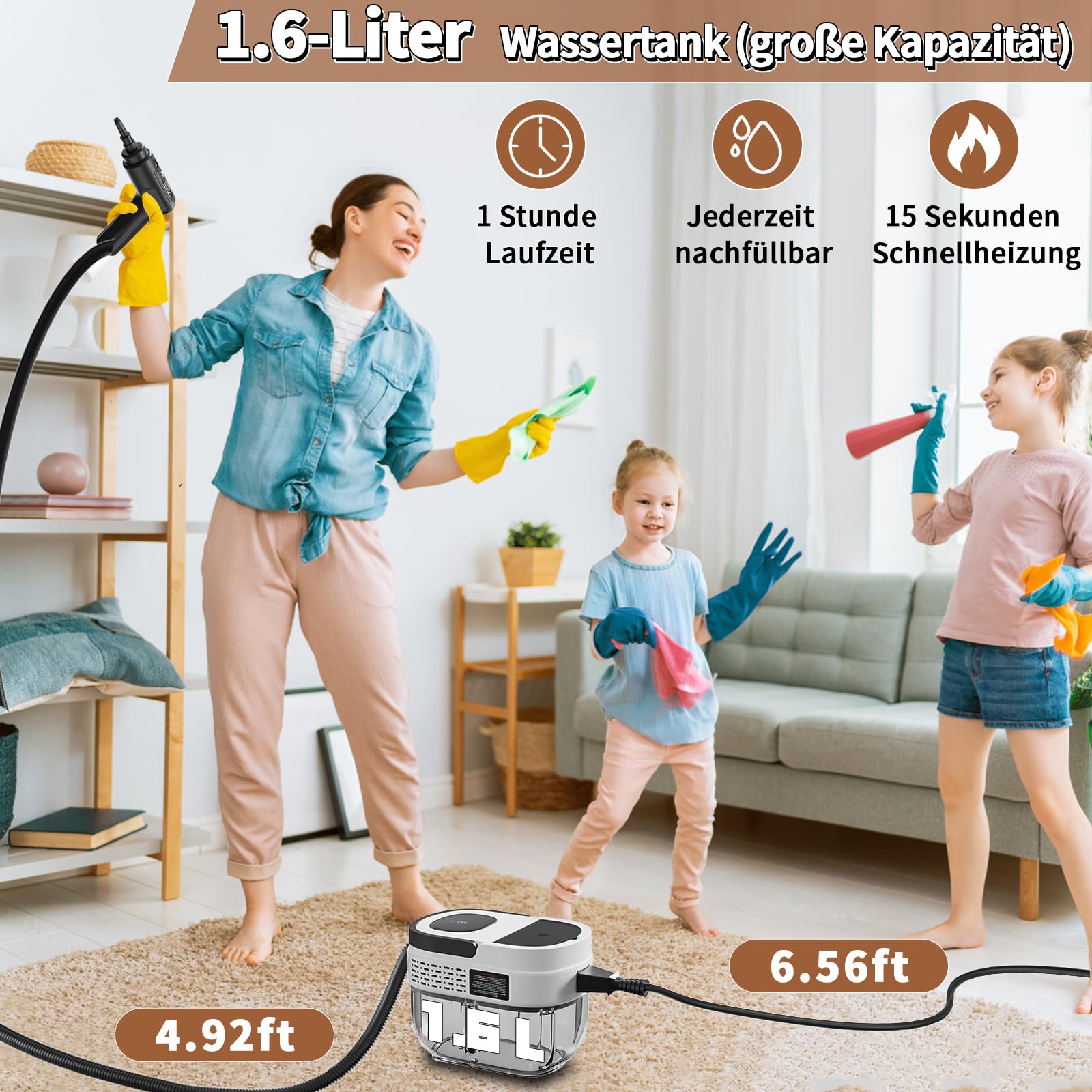 Dampfreiniger Handgerät, 2500W Handdampfreiniger mit 1,6-Liter-Wassertank, 15 Sekunden Aufheizzeit, Dampfabgabe vom Handgriff aus, 16 Zubehörteilen, Steam Cleaner für Alles, Autos, Weiß