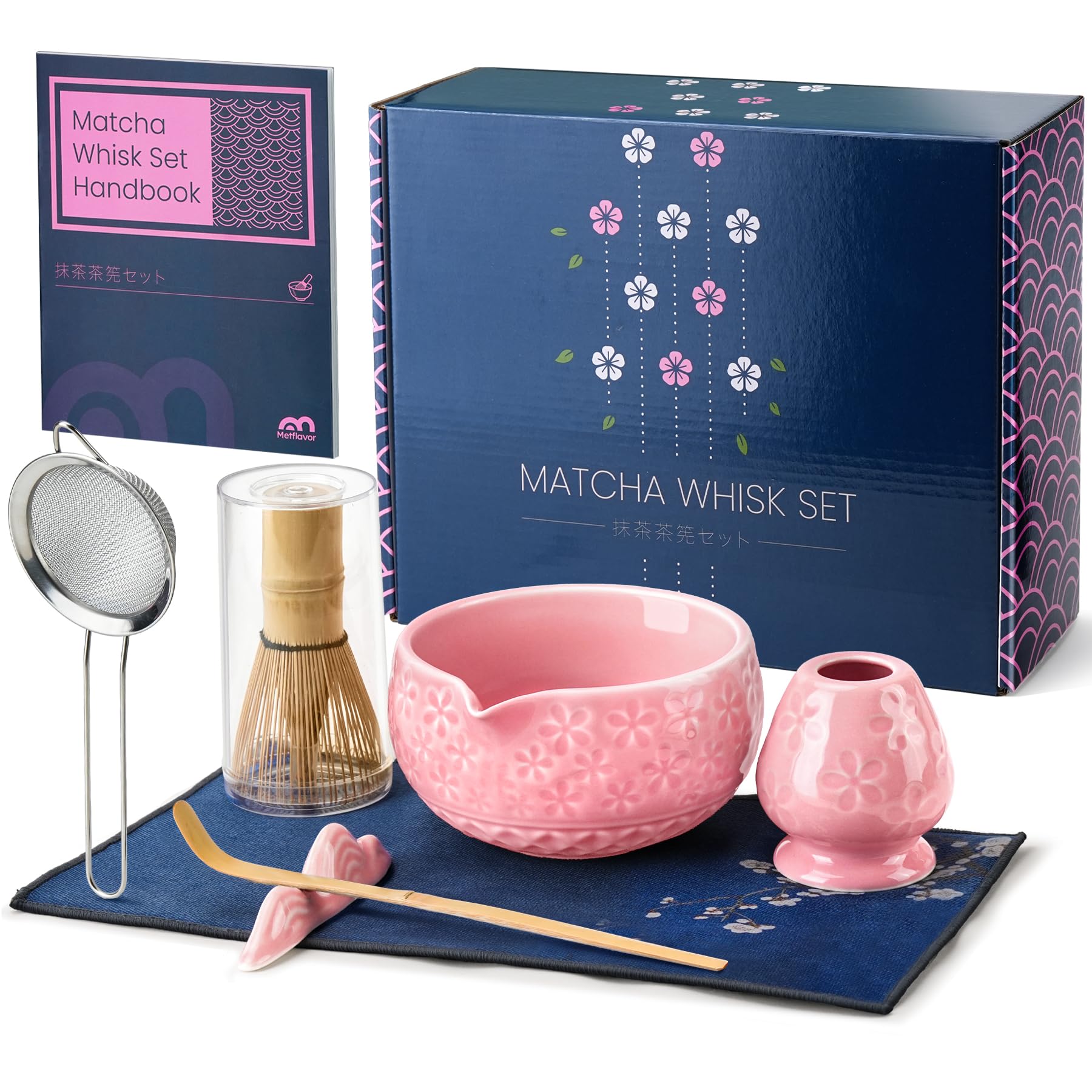 7Pcs Matcha Whisk Set, Matcha Set Whisk and Bowl | Bamboo Scoop, Scoop Rest, Sifter and Tea Towel, Matcha Kit W/Carved Cherry Blossm Pattern for Matcha Lovers (Sakura Pink)