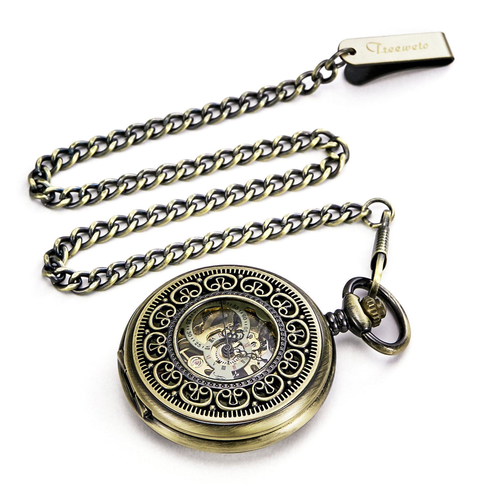 TREEWETO Taschenuhr mit Kette Herren Analog Handaufzug Antik Skelett Römische Ziffern Bronze