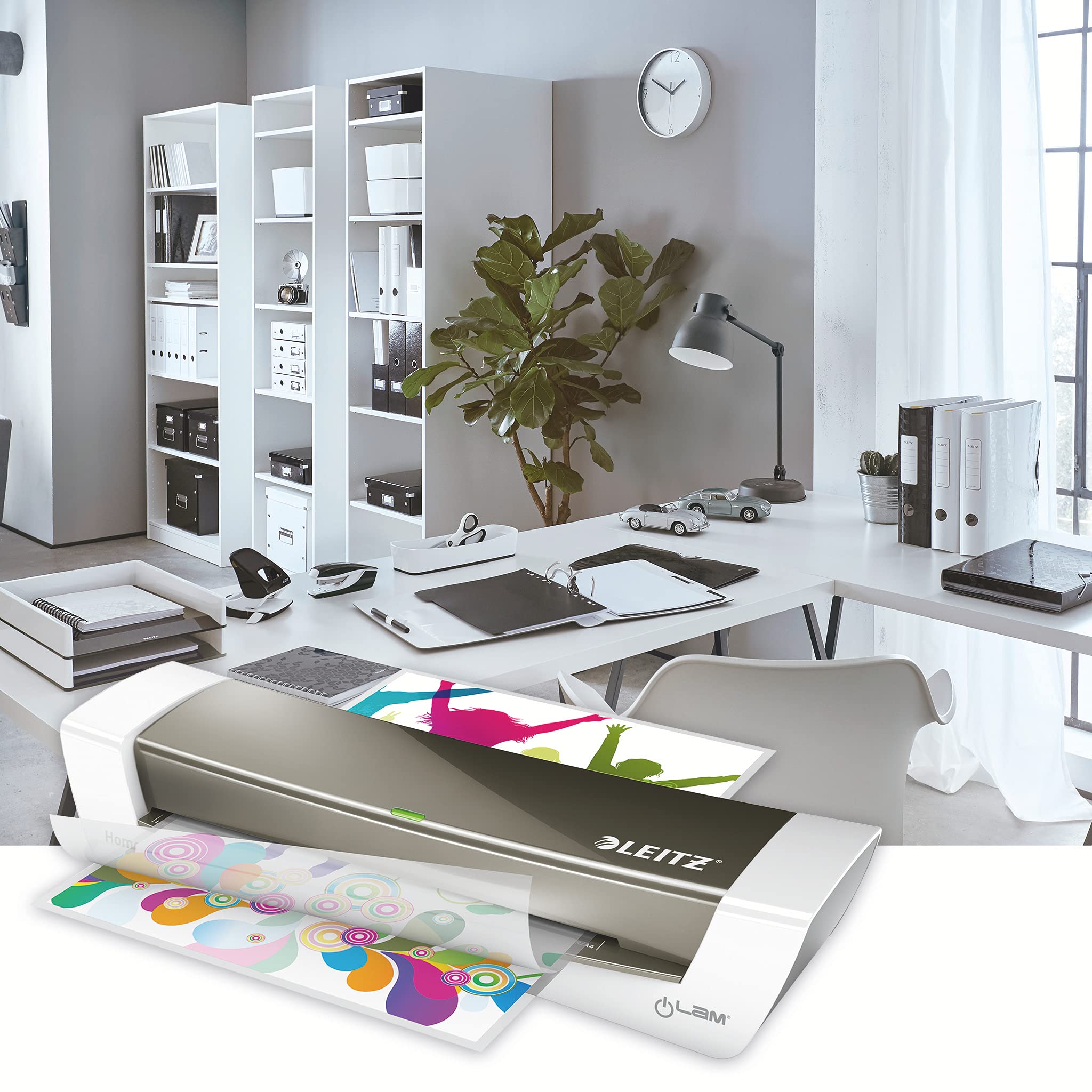 Leitz, Laminator iLAM Home Office A4, Odpwiedni do Domowego Biura, Kolor Szary, 73680089 & Leitz 74300002 Folia Do Laminatorów, Bezbarwny, 100 Sztuk