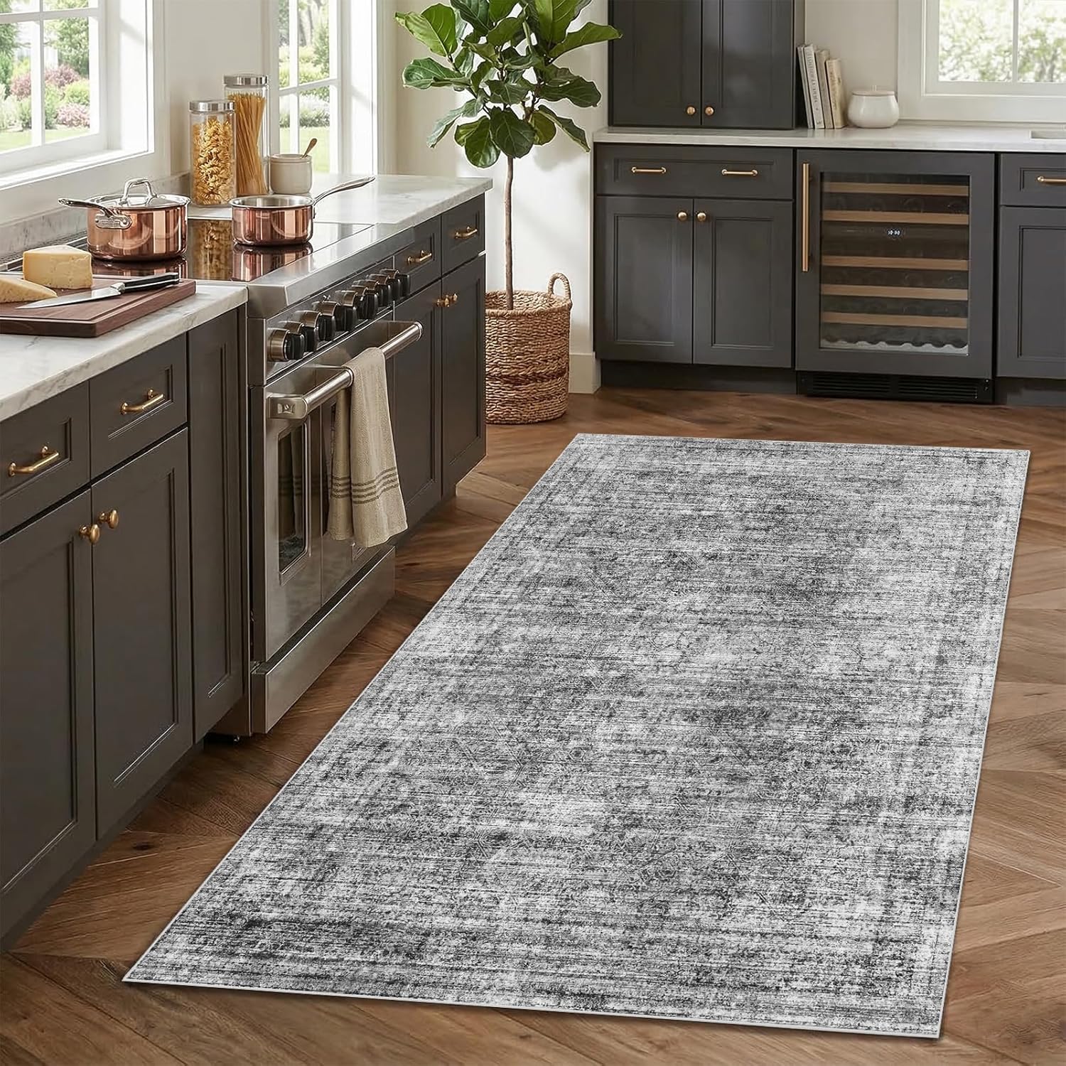 Washable Rugs 3x5 Area Rugs, Non Slip Vintage Entryway Rug for Indoor Entry Kitchen Kids Girls Room Home Office,Ultra Soft Faux Cashmere Laundry Room Small Carpet Gray