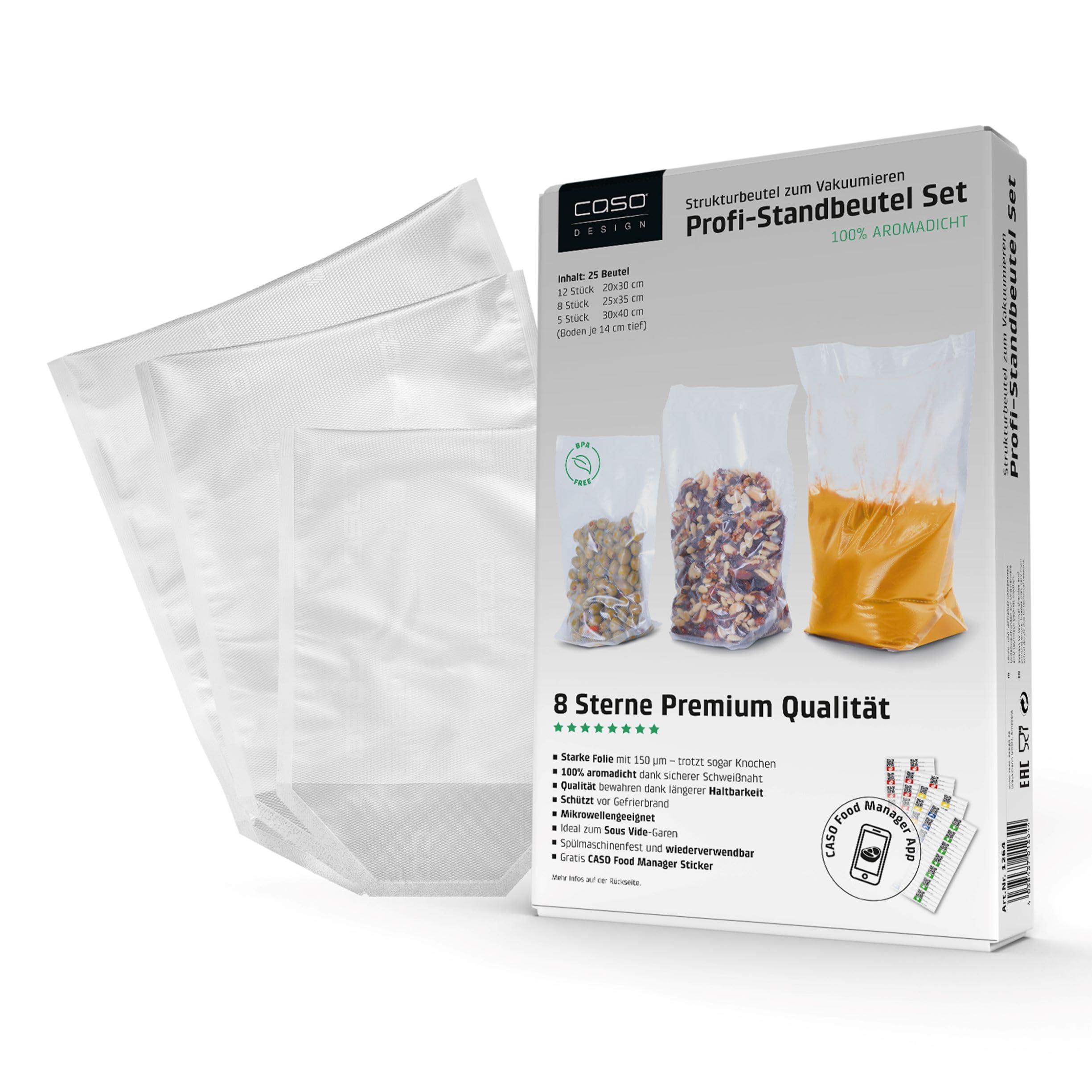CASO Profi- Standbeutel Set/Vakuumbeutel mit Standboden, ideal für das Vakuumieren von Flüssigkeiten und voluminösen Lebensmitteln, 25 Stk., 3 verschiedene Größen, ca. 150µm, BPA-Frei