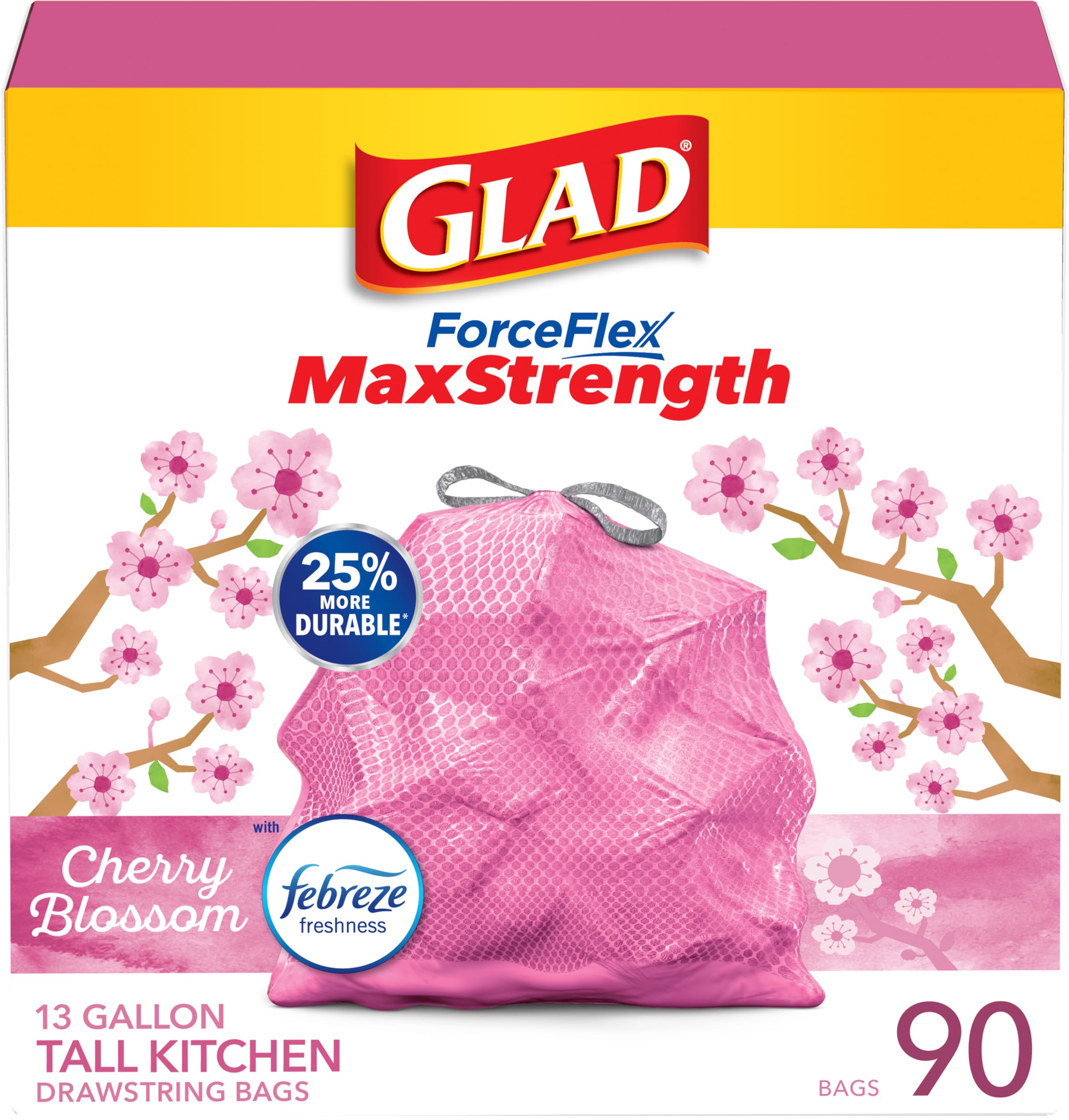 glad tall kitchen trash bags 13 gallon maxstrength cherry blossom garbage bags drawstring 90 count
