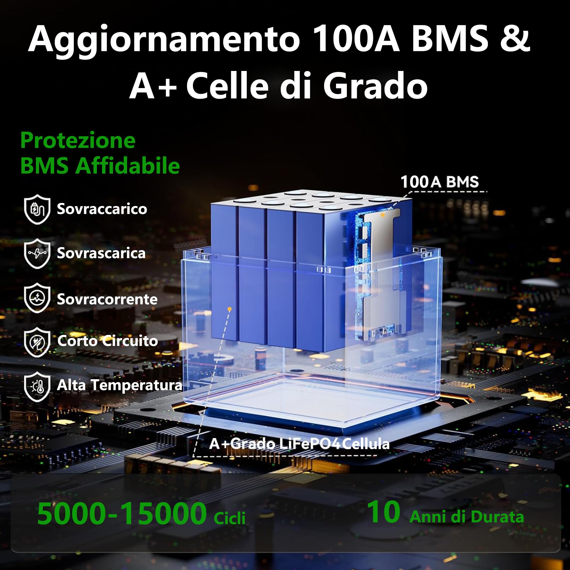 12V100Ah LiFePO4 Batteria con LED Indicatori, 15000 Cicli Profondi, 100A BMS, Celle di Grado A, 1280Wh Energia, per Camper, Campeggio, Sistema solare, Barca, Off-Grid (12V 100Ah LED)
