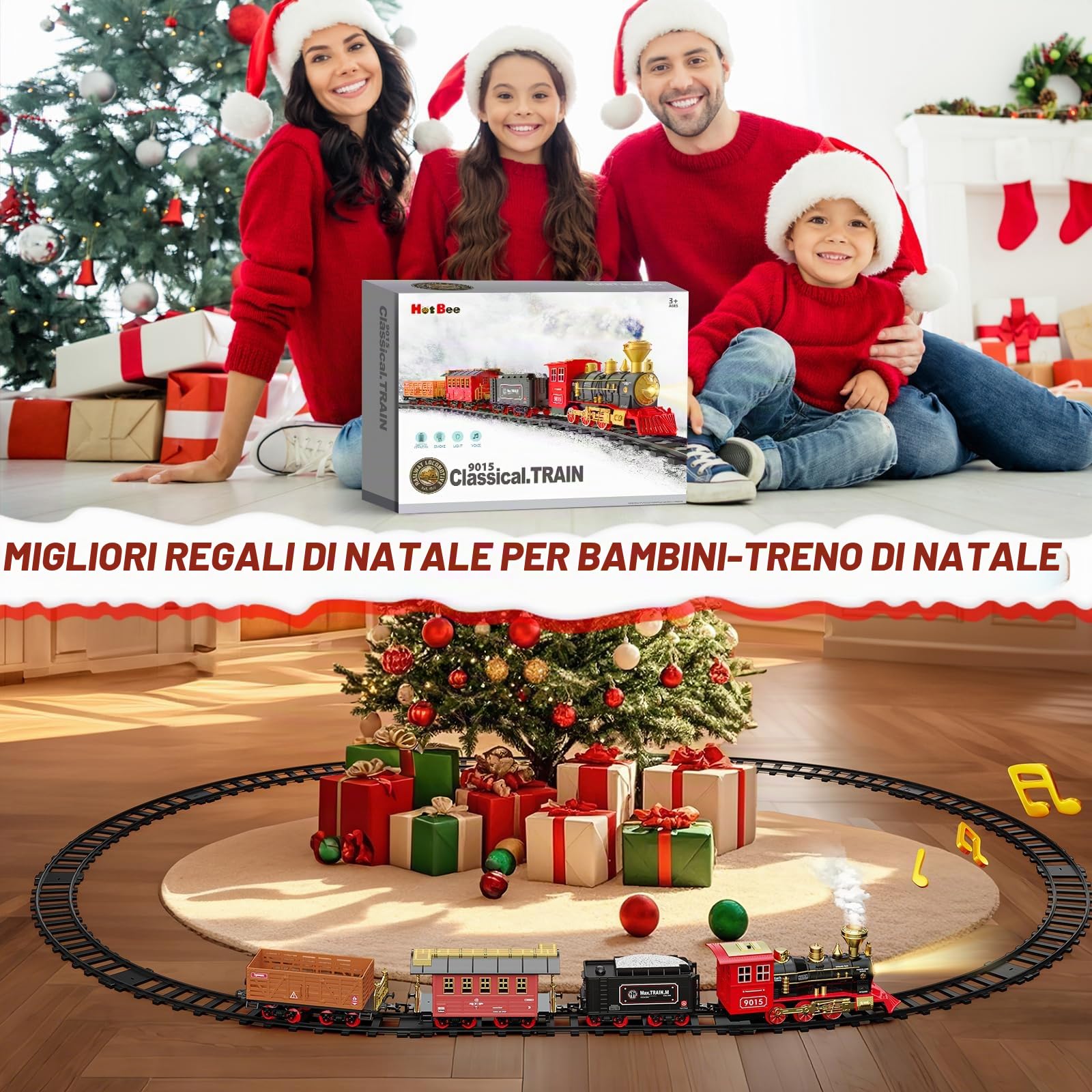 Hot Bee Set di treni di Natale per ragazzi di 3 4 5 6 anni sotto l'albero, treno elettrico per bambini adulti, treno per intorno all'albero di Natale, giocattolo a vapore con fumo