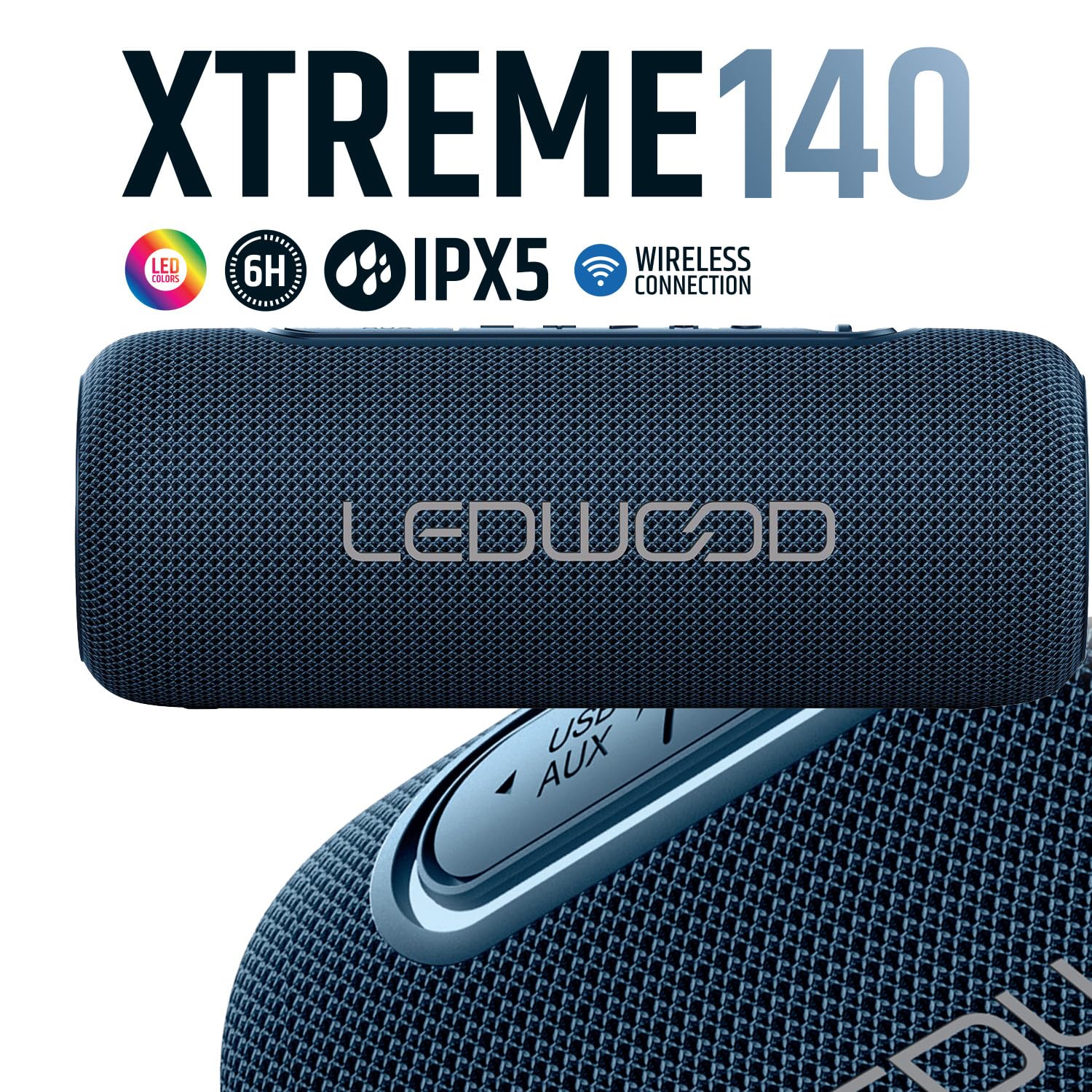 Ledwood Enceinte Nomade HiFi XTREM140 LD-XT140BT-BLUE, 100W / 10W RMS, Bluetooth 5.0, TWS - Etanche IPX5, Autonomie 6H, OVNI LED