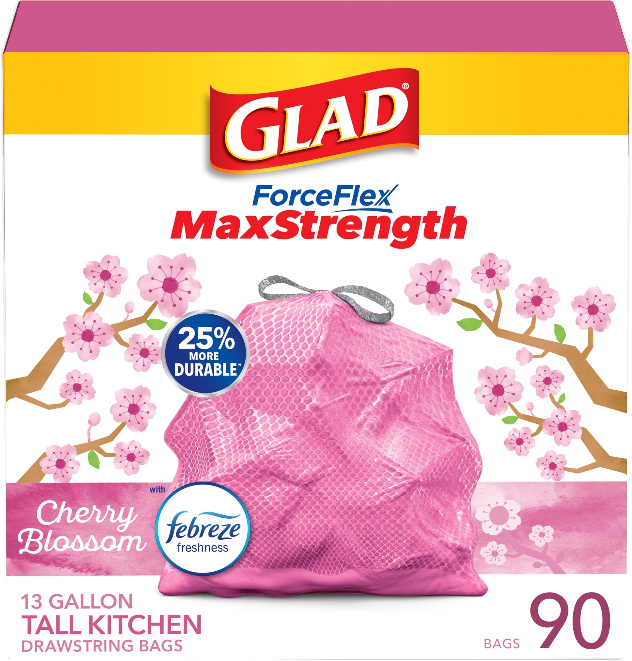 Tall Kitchen Trash Bags 13 Gallon, MaxStrength Cherry Blossom Garbage Bags, Drawstring, 90 Count