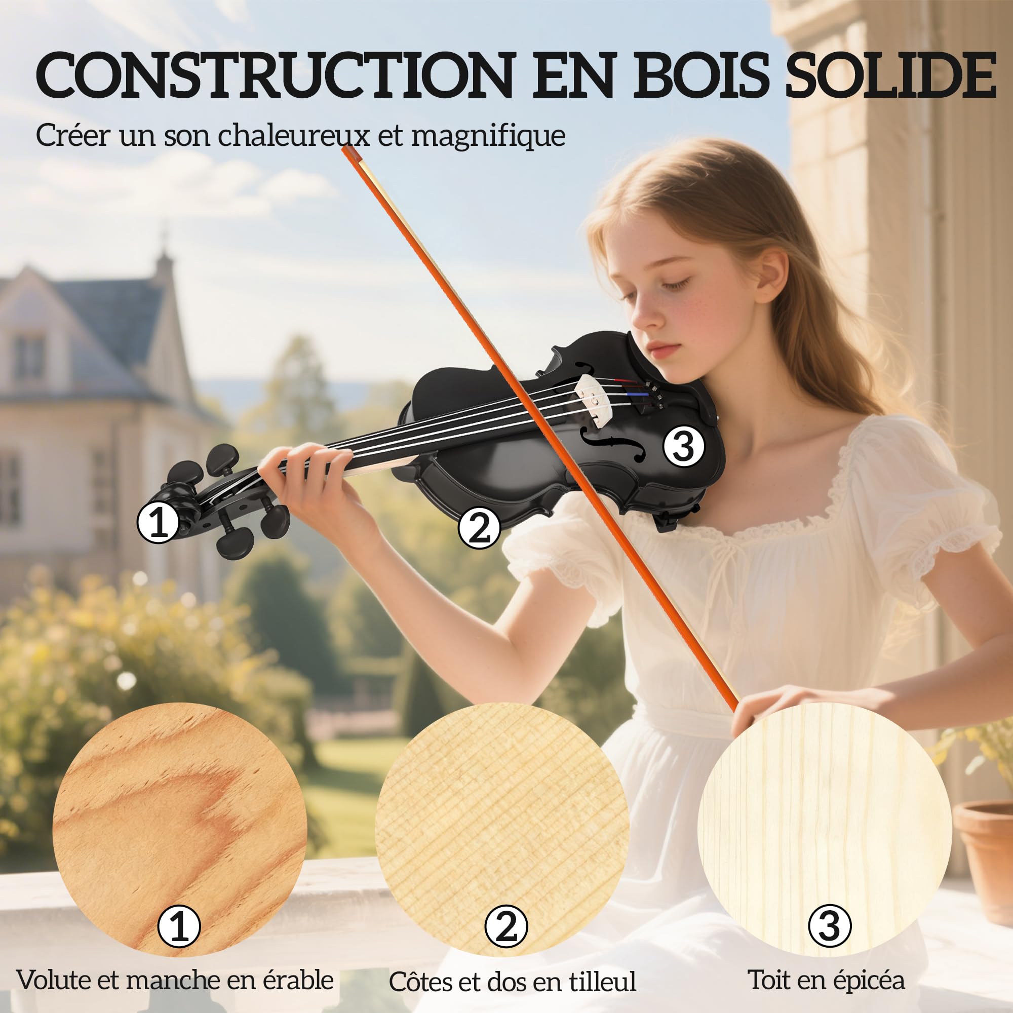 HOMCOM Violine 4/4 Set Massivholz für Erwachsene und Anfänger schwarz | Leichte und tragbare Tasche, Bogen, Kolophonium, Steg, Schulterstütze