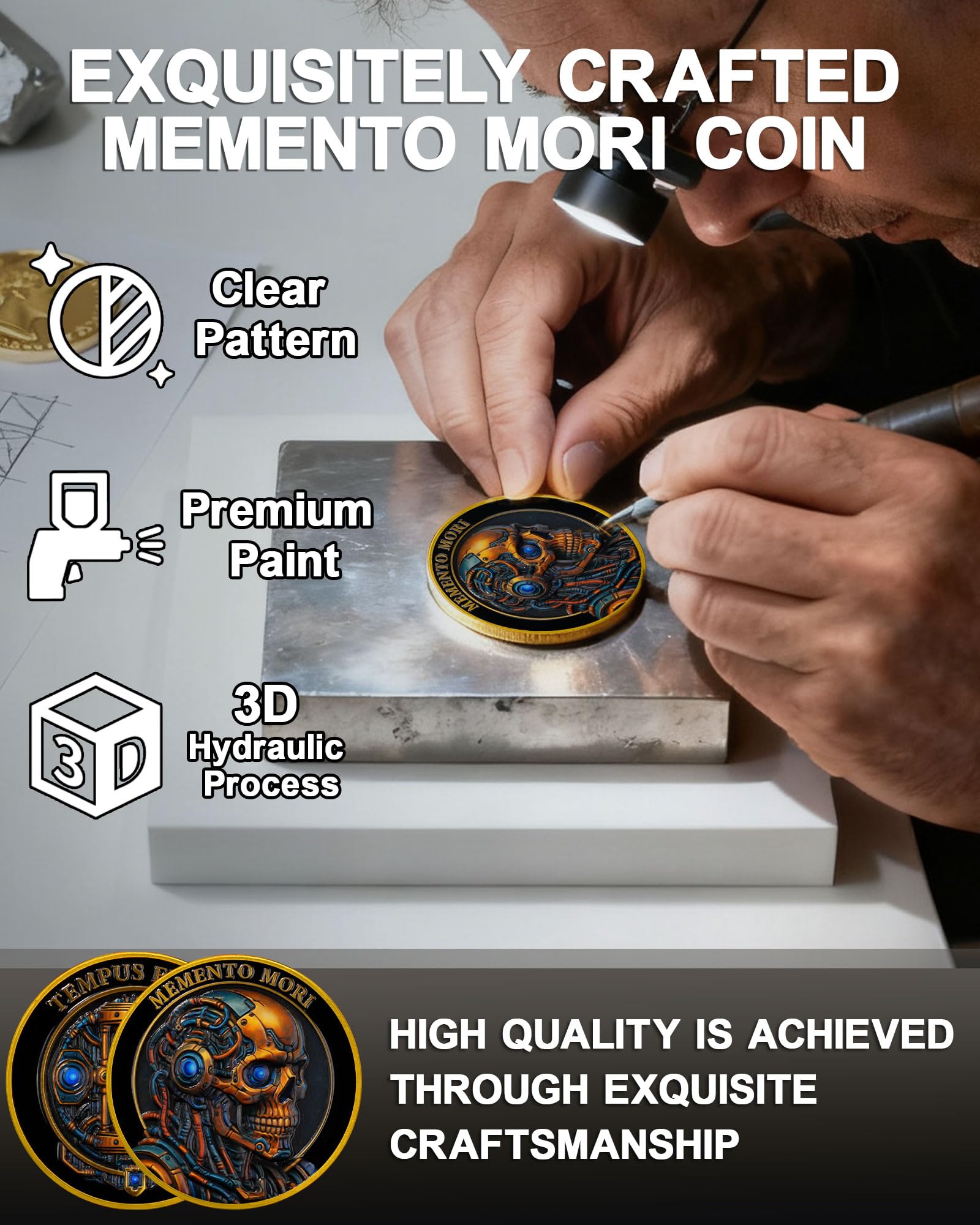 Mechanical Skull Memento Mori Coin, Future Hourglass Stoic Challenge Coin - Image 2