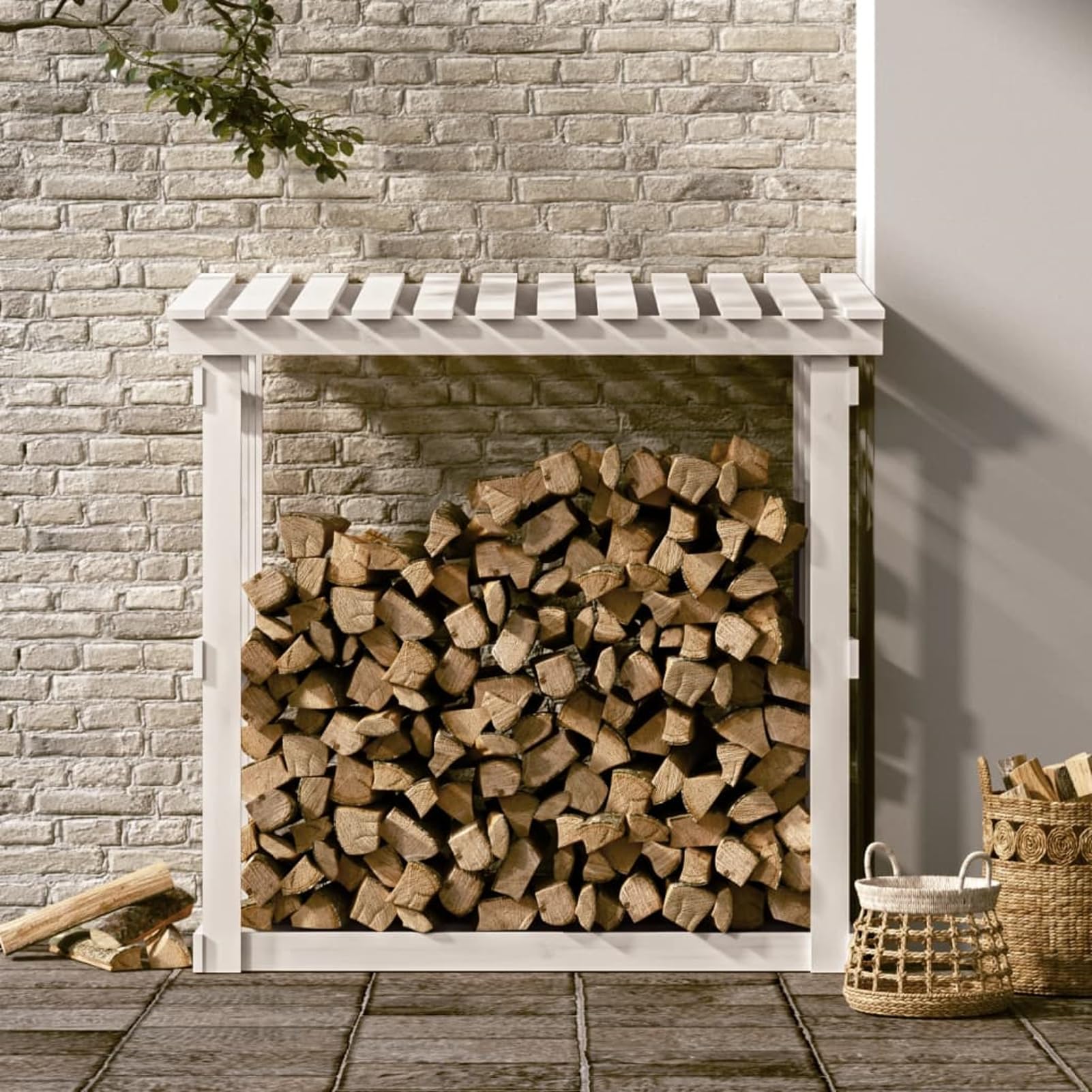 ATOMSTACK MAKER Kaminholzregal aus massivem Kiefernholz, rustikal-weiß, 108 x 64,5 x 109 cm – Brennholzlager mit Luftzirkulation für trockenes Holz, ideal für Kamin, Ofen & Wohnzimmer