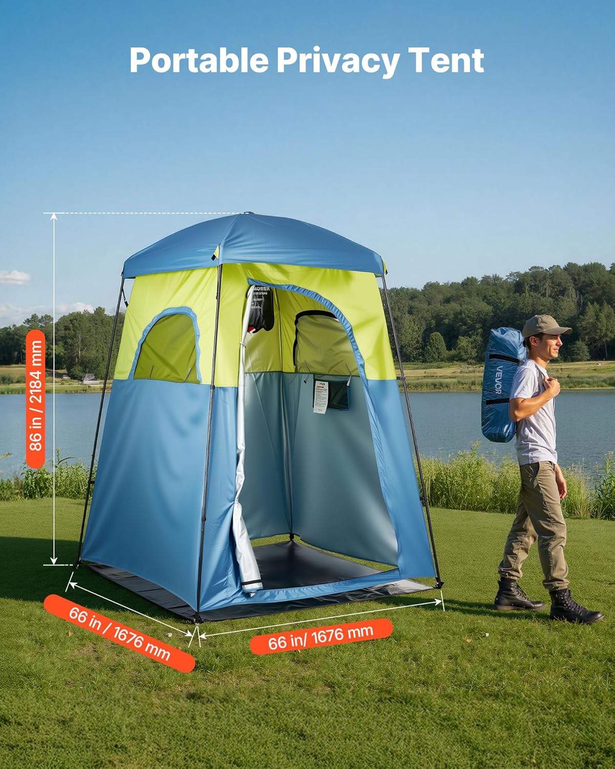 VEVOR Camping Shower Tent, 1 Room, Portable Privacy Tent Changing Room with Shower Bag, Ground Stakes, Ropes, Carry Bag, and Support Poles, 150D Oxford Fabric with Silver Coating, for Camping, Fishing