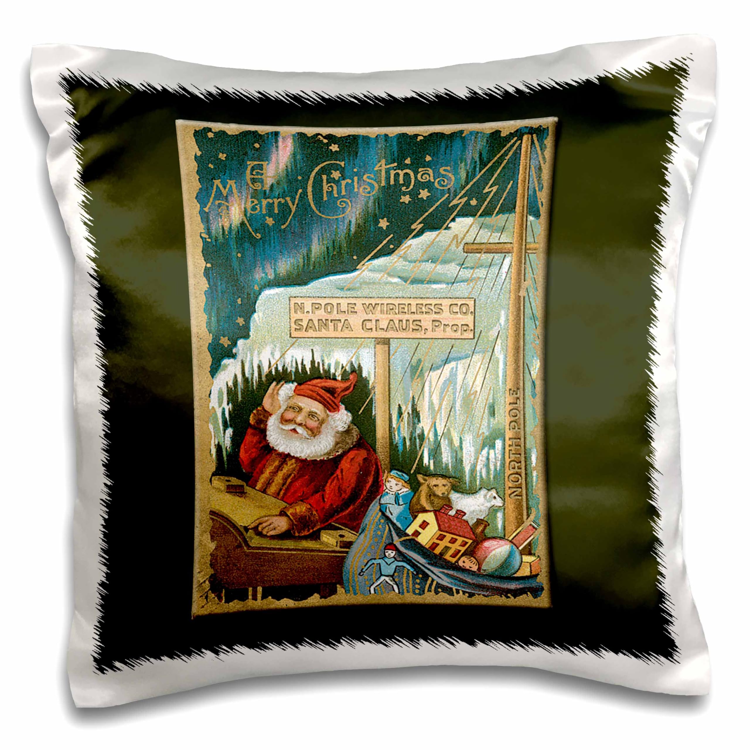 Pc_153289_1 Tarjeta de Navidad con Papá Noel en el Polo Norte con una funda de almohada de saco de juguetes, 16 x 16 pulgadas
