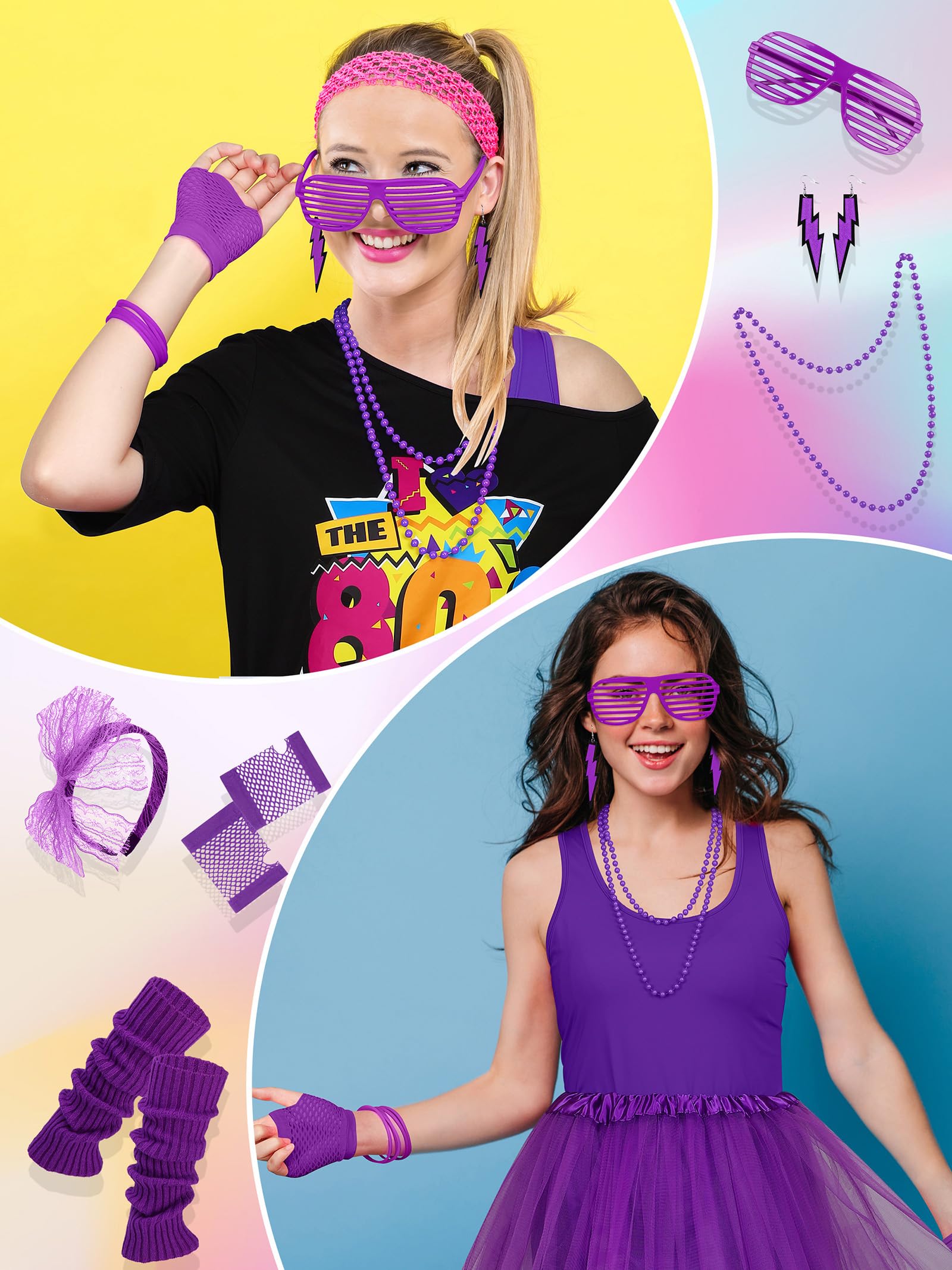 AOTHSO 24 Stücke Halloween Frauen 80er Jahre Kostümzubehör Set 80er Jahre Cosplay T-Shirt Tutu Hose Racerback Top Fanny Pack Handschuhe Beinwärmer für Party
