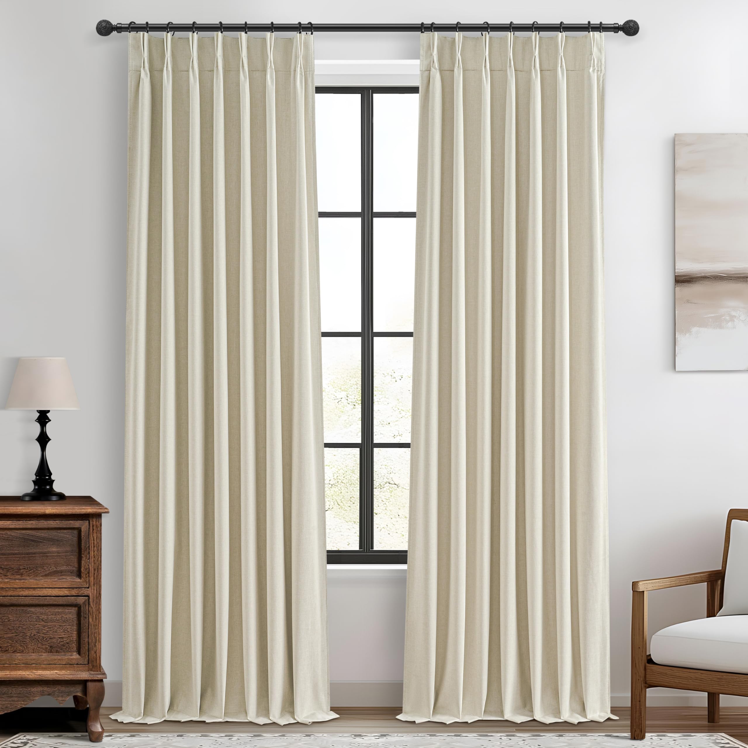 Cream Blackout Curtains &amp; Drapes 96 Inches Long 2 Panels Set for Sliding Glass Doors, Pinch Pleated Thick Linen Blend Windows Curtain with Back Tab for Bedroom Cold Weather Thermal 40"W x 96"L
