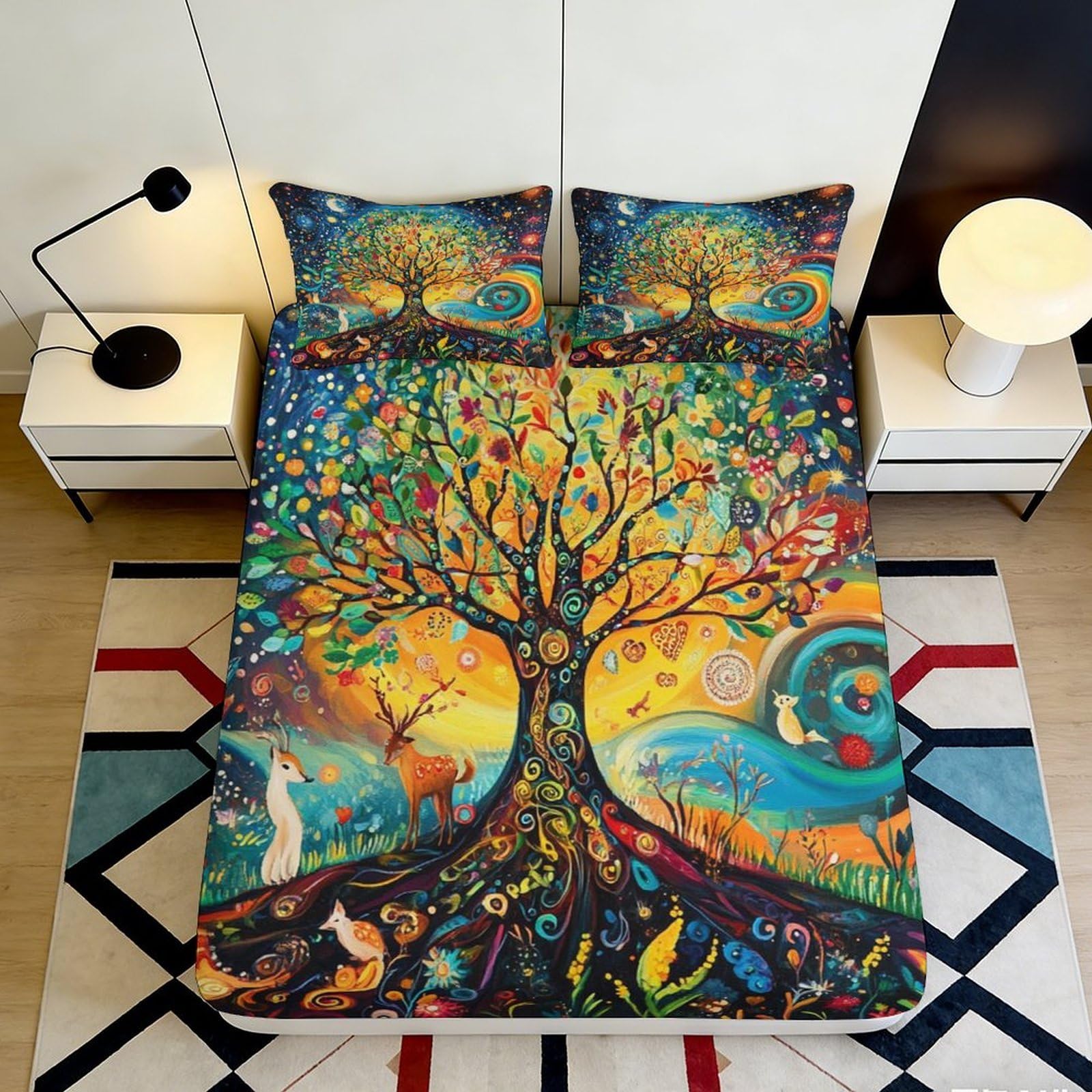 3D Printed Colorful Tree of Life Fitted Sheet Microfiber Artistic Nature Bed Cover Anti-Slip Machine Washable for Bedroom Guestroom 90x200x25cm