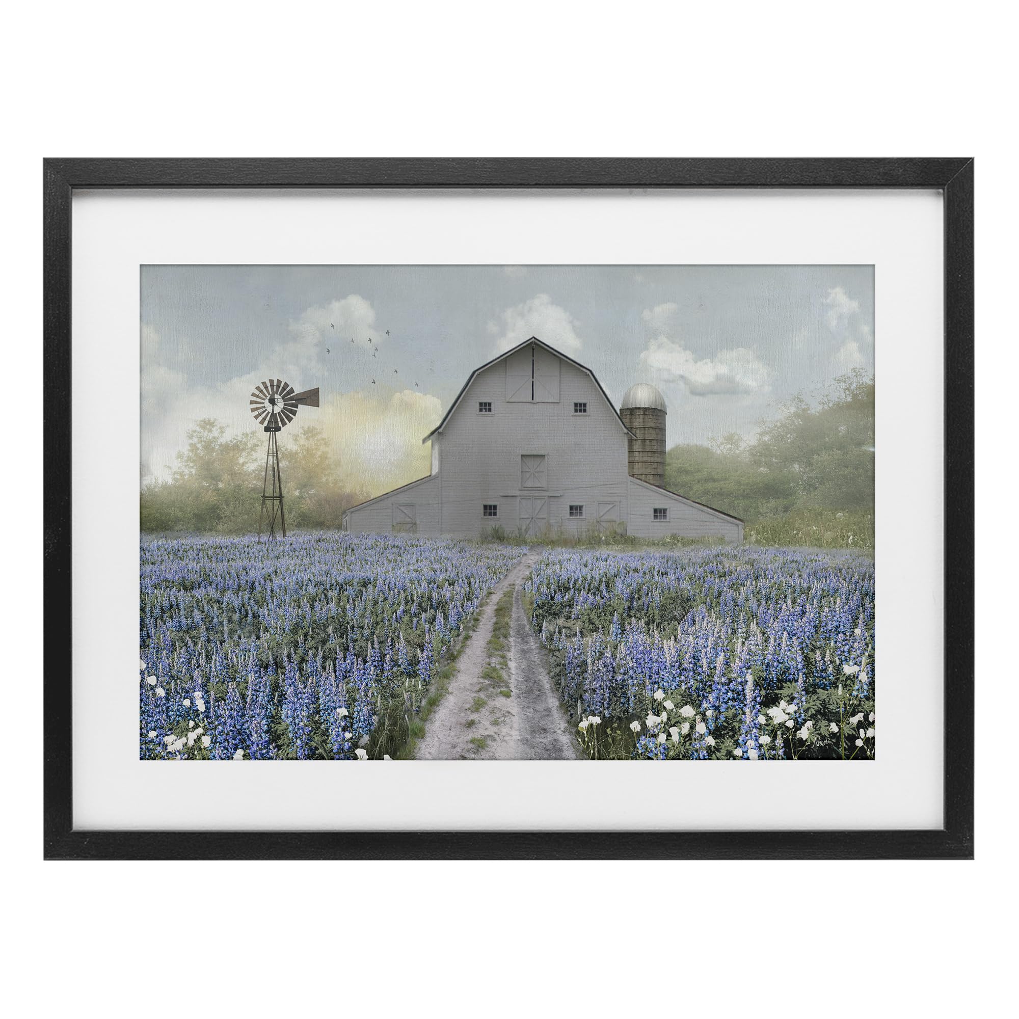 Stupell Industries Blue Flower Meadow Barn 'Meadow Of Blue Flowers & Barn', Framed Print Under Glass, Black, 23 X 17 Inches, Easy To Hang And Sturdy, Made In Usa, By Nan