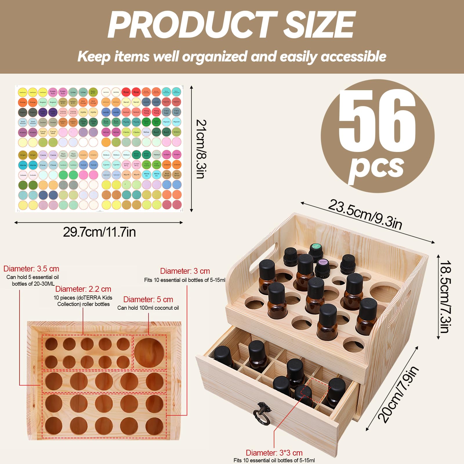 Madera para Aceites Esenciales Caja Almacenamiento, Gran Capacidad 56 Ranuras, Organizador Portátil Pino con Tirador y Cajón, Soporte Cosmética Escritorio con Hoja Pegatinas