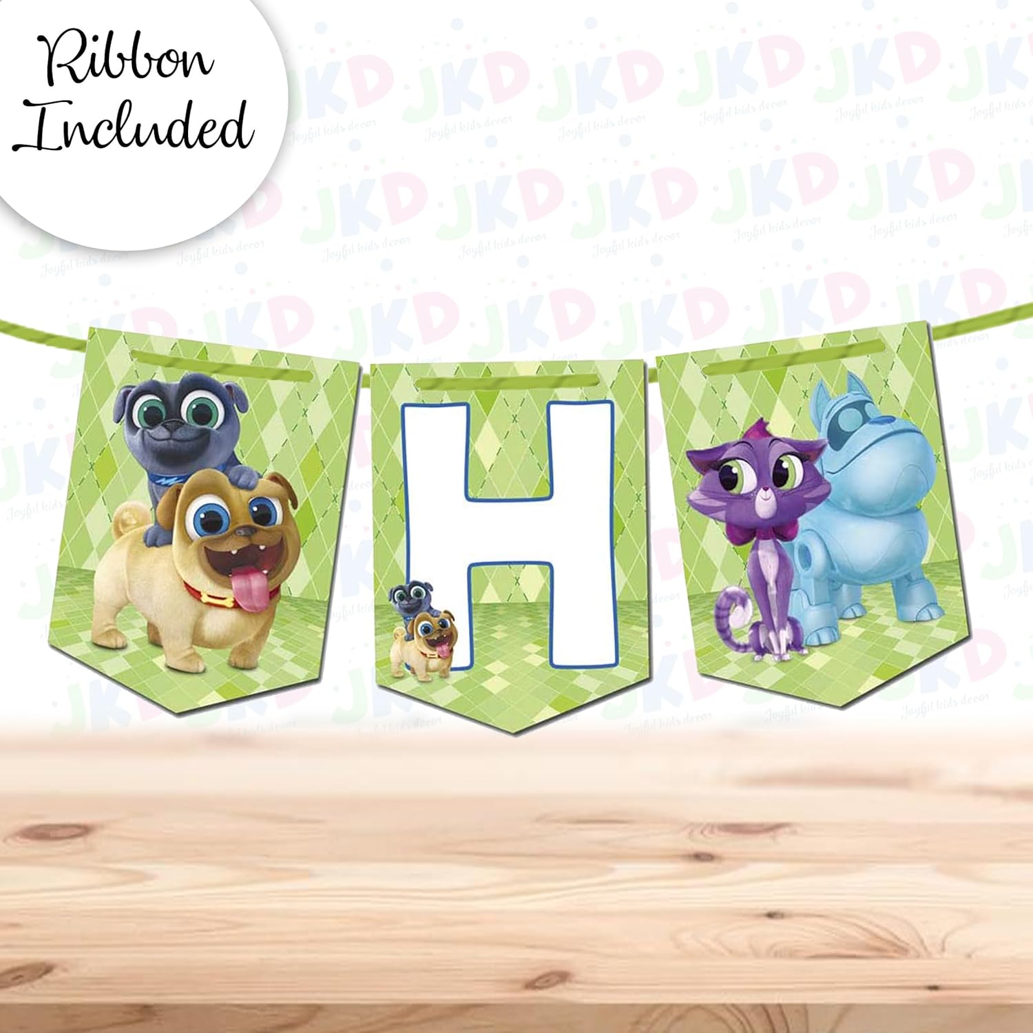 Puppy Dog Pals Happy Birthday Banner Customized with Child's Name and Age - Cardstock Cover 80lb - Each Flag Size 5x7in - Comes with Ribbon for Hanging