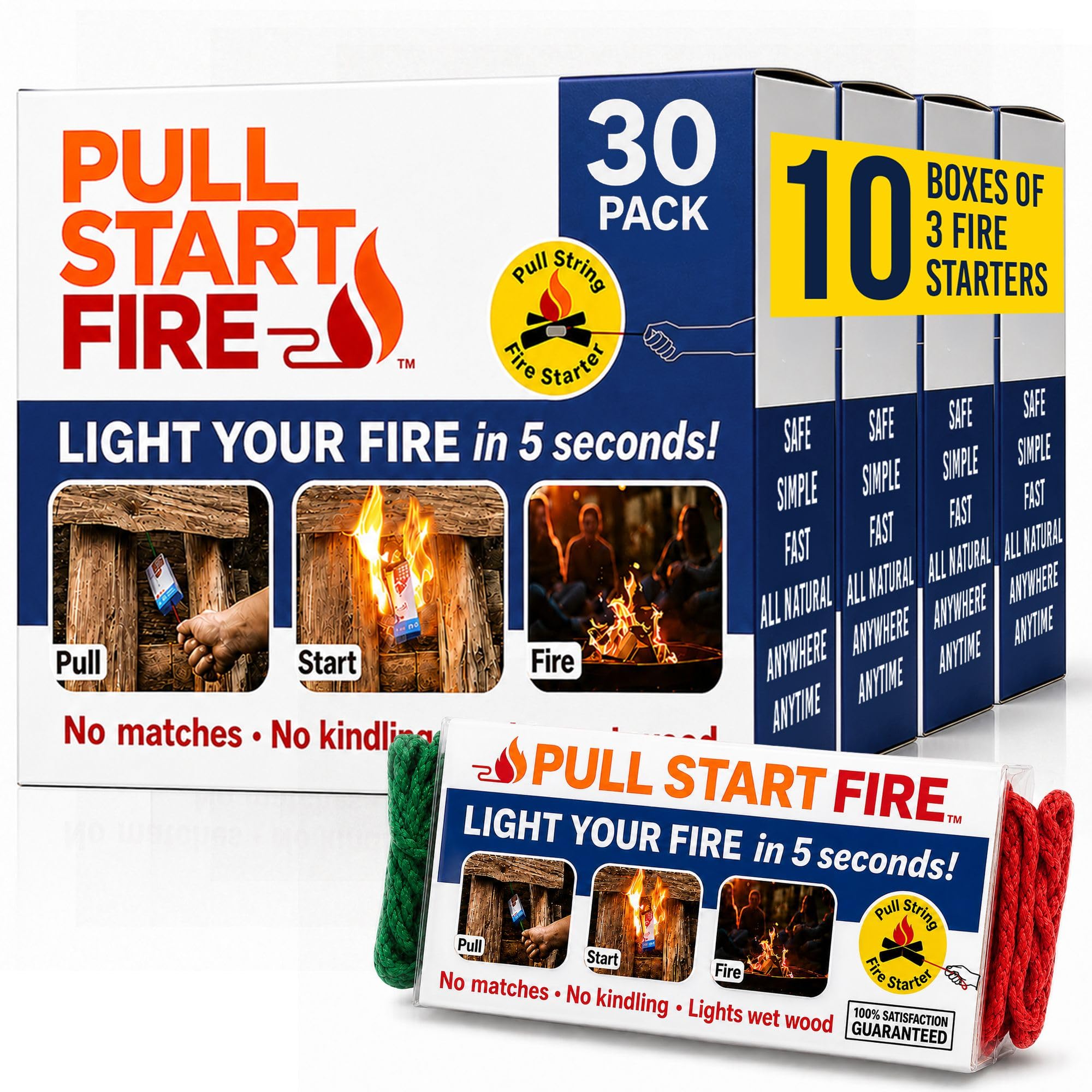 Pull Start Fire 30 Stück Anzünder für drinnen und draußen oder Camping, wetterfest