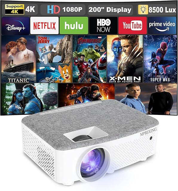 Projector, Portable Video Projector 1080P Native 4K Supported Mini Projectors 8500 Lumens 200''Display for TV Stick, Home Theatre, Android/iOS