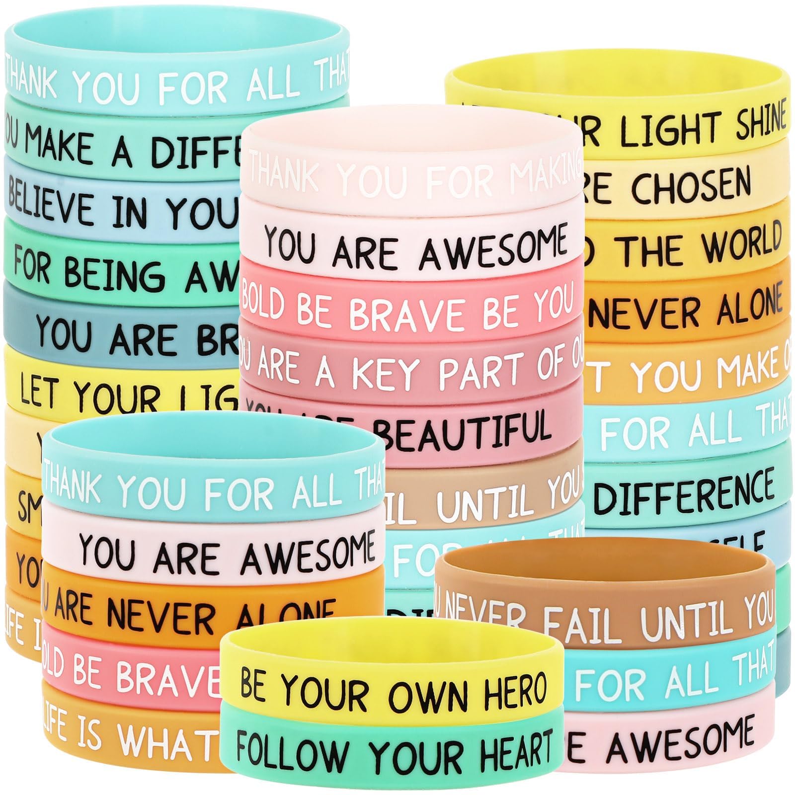 JUNEBRUSHS 64pcs Motivational Silicone Bracelets Bulk Colored Inspirational Rubber Wristbands Unisex for Student Teacher Office Prizes Gifts Back to School Party Favor Supplies (16 Designs)