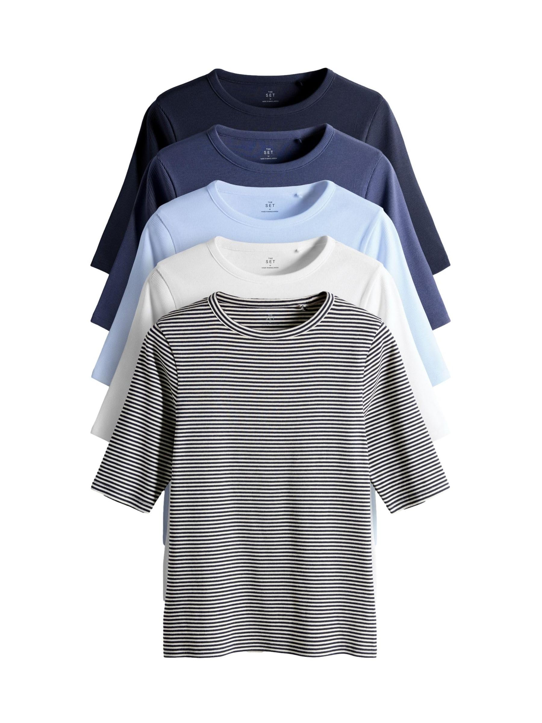 THE SET Femme T-Shirt côtelé à Manches mi-Longues, Lot de 5 | Coupe standard