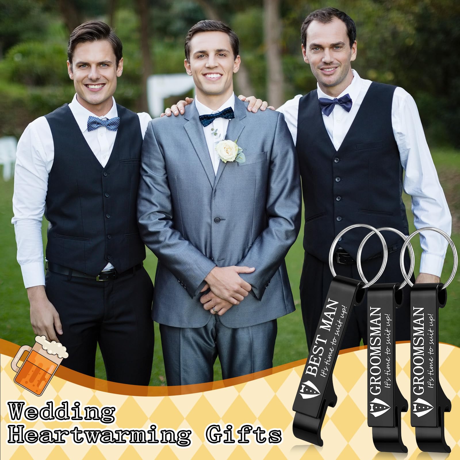 Jingmore 10 Pcs Groomsmen Bottle Opener Keychain Groomsmen Proposal Gift Aluminum Wine Beer Opener Wedding Favors Bulks Include 9 Groomsman and 1 Best Man Gift for Wedding Bachelor Party(Black)
