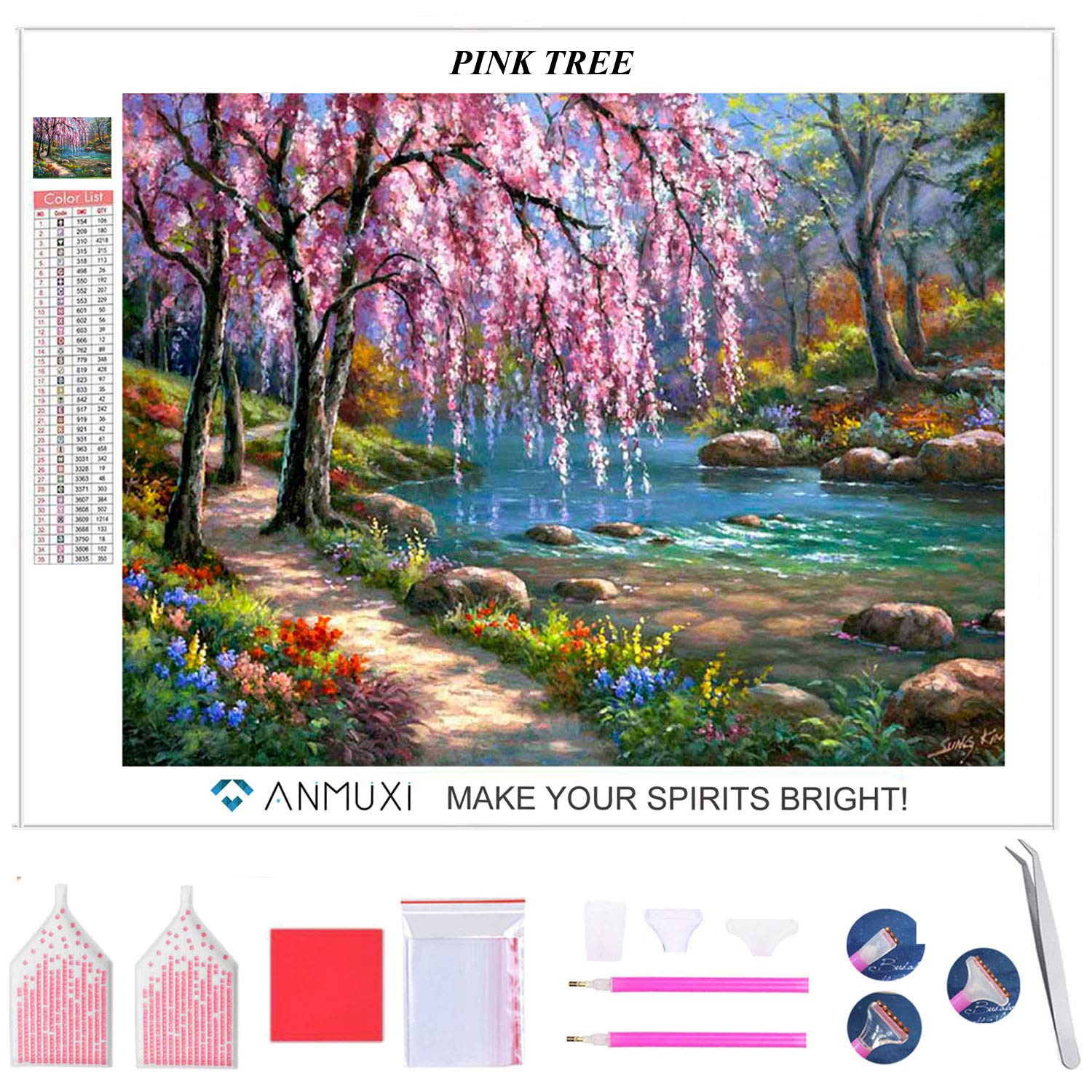 ANMUXI 5D Diamond Painting Kits Full Square Drills for Adults 30X40CM Pink Tree Landscape