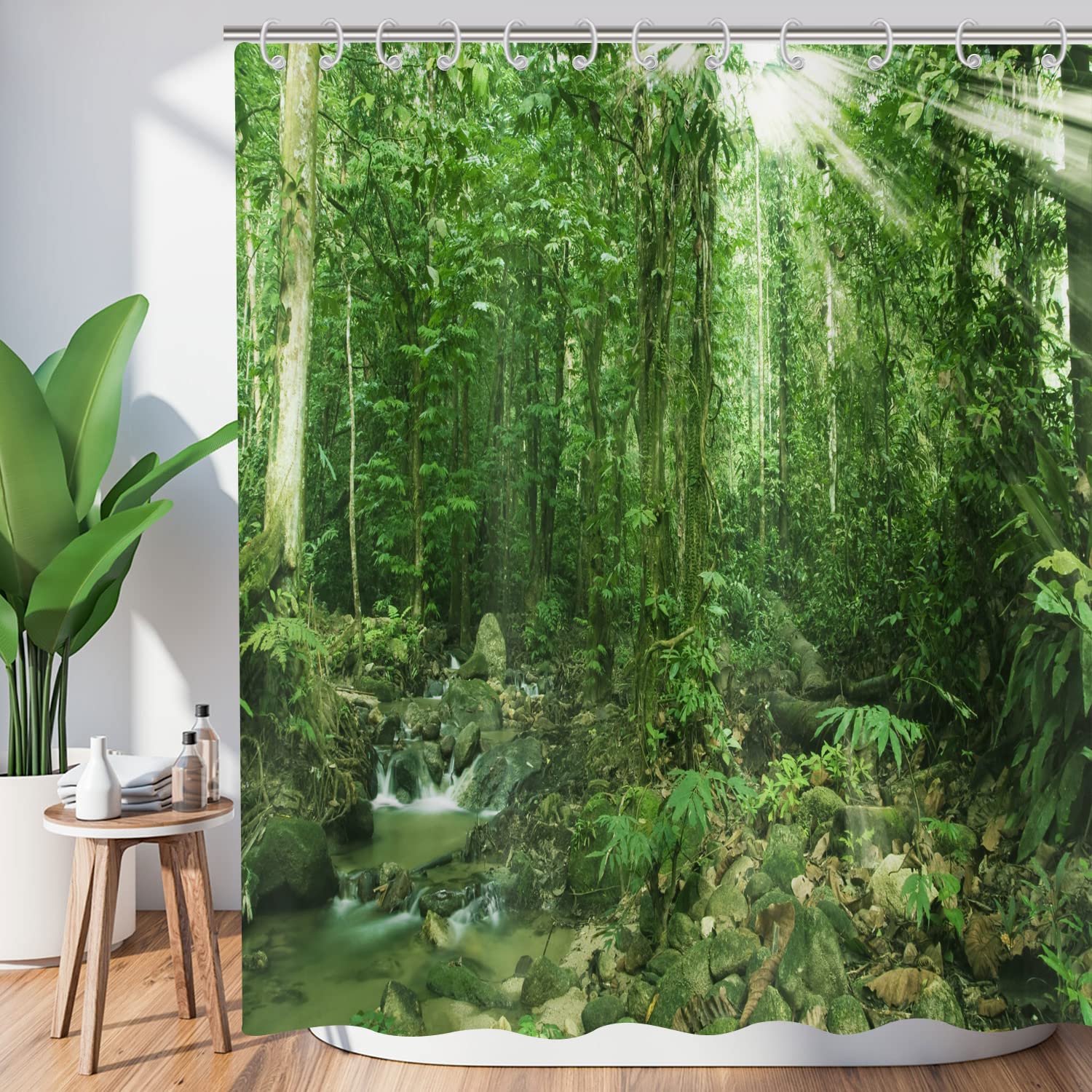 Forest Shower Curtain 240x180, Hnmdmyi Tropical Jungle Rainforest Green Tree Plant Nature Landscape Scenery Bathroom Curtains with Hooks Waterproof Polyester Fabric Washable Bath Curtains for Wet Room
