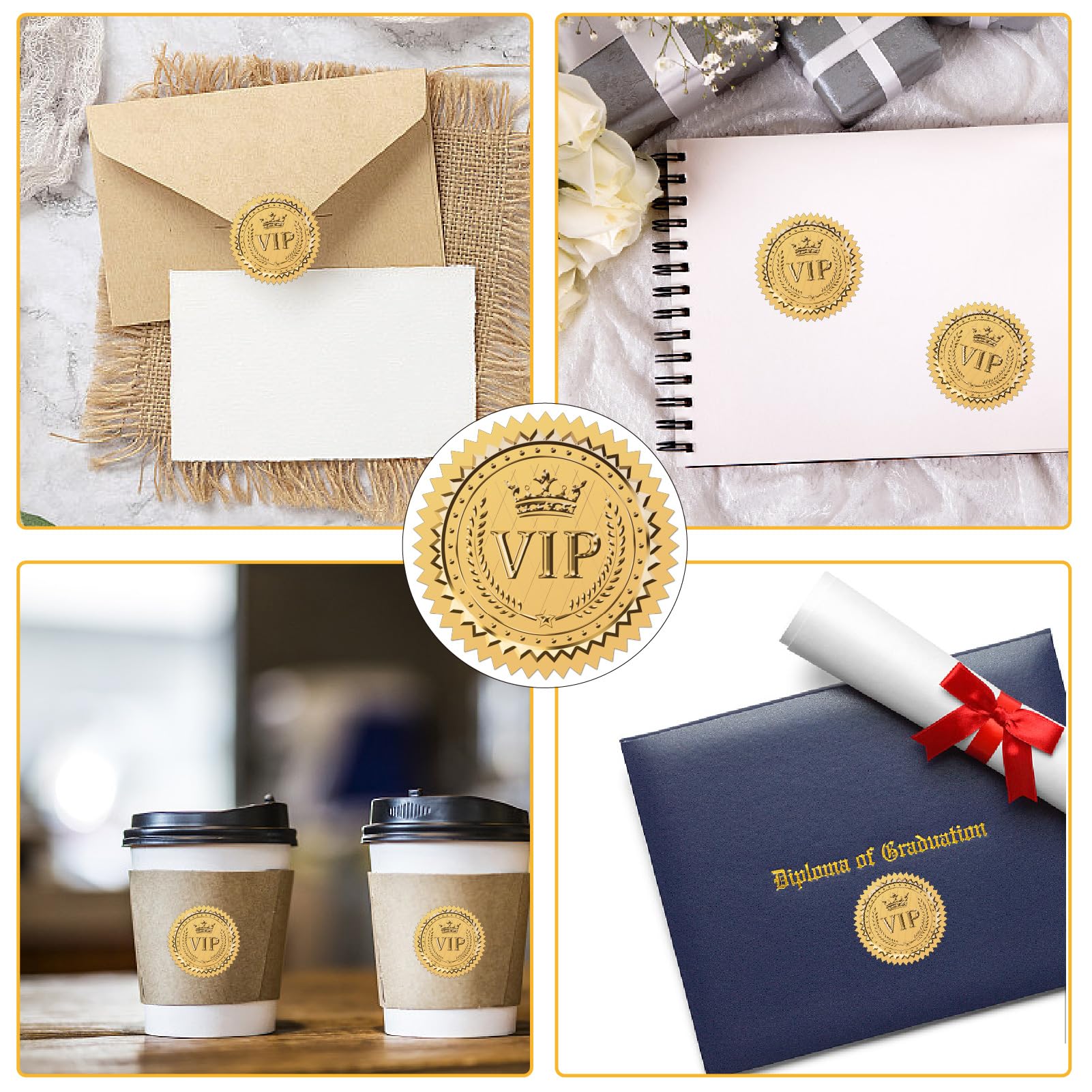 CRASPIRE 100Pcs 2 inch Embossed Foil Seals Stickers Gold Envelope Stickers Vintage Crown VIP Envelope Stickers with Serrated Edge Medal Decoration Labels for Envelopes Diplomas Wedding Gifts - Image 4