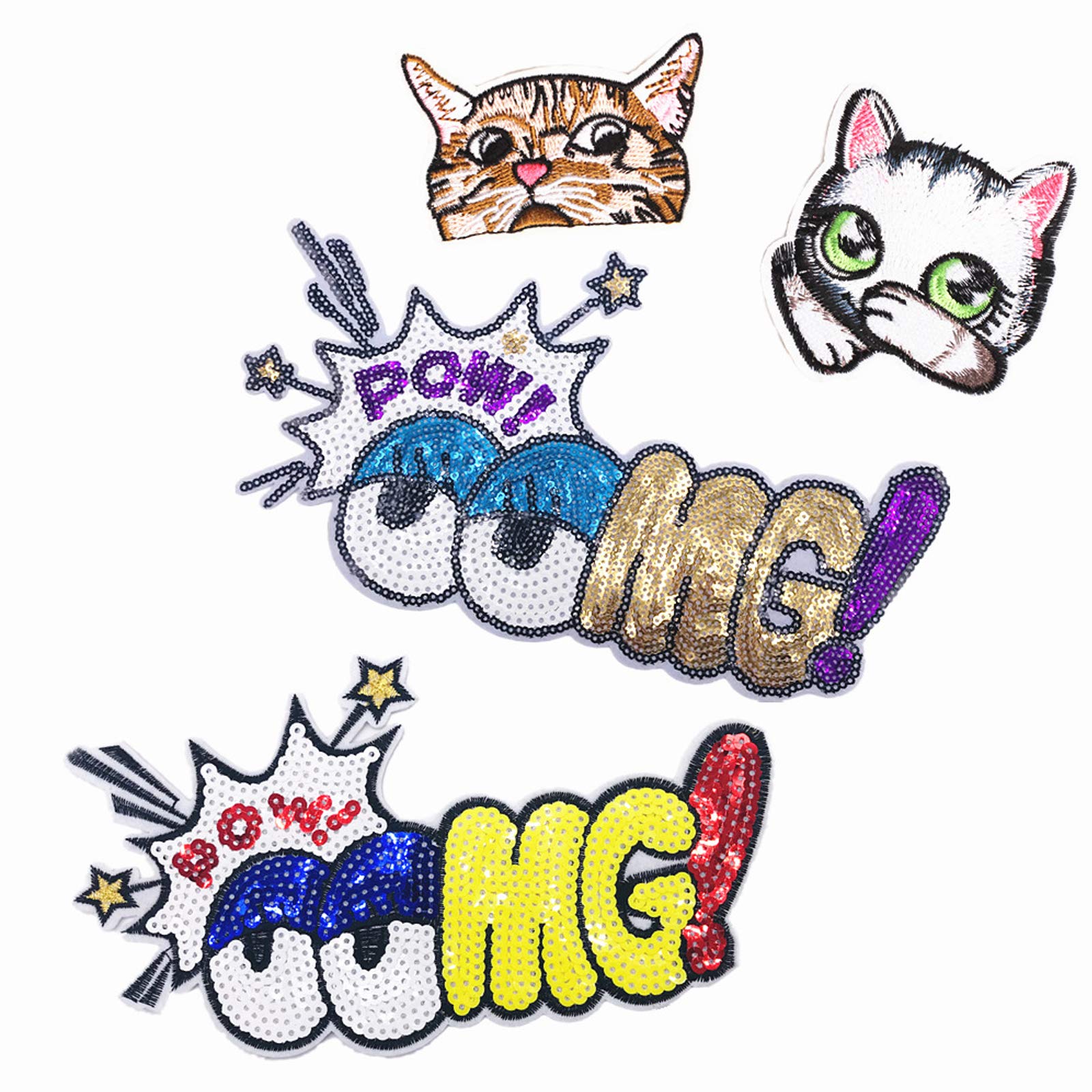 Upriver 4PCS Iron on Sequin Patches,Cute Cat Sew on Patches Applique Stickers Embroidered Decorative DIY Craft for Clothing Jeans Bag Jackets