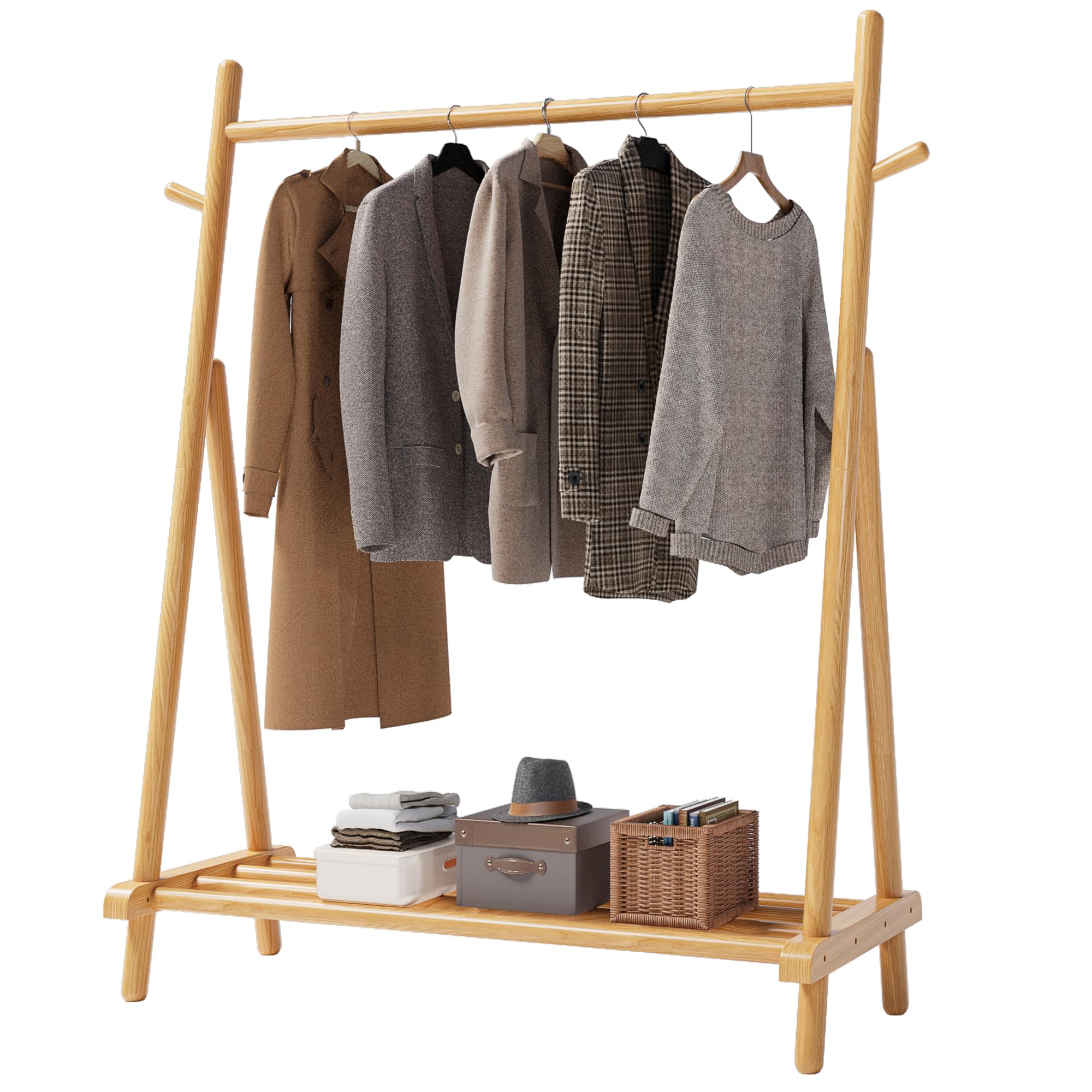 Solid Wood Clothes Rack with Shelves, 3-in-1 Freestanding Clothing Racks for Hanging Clothes A-Frame Garment Rack for Bedroom, Entryway, Living Room (Natural)