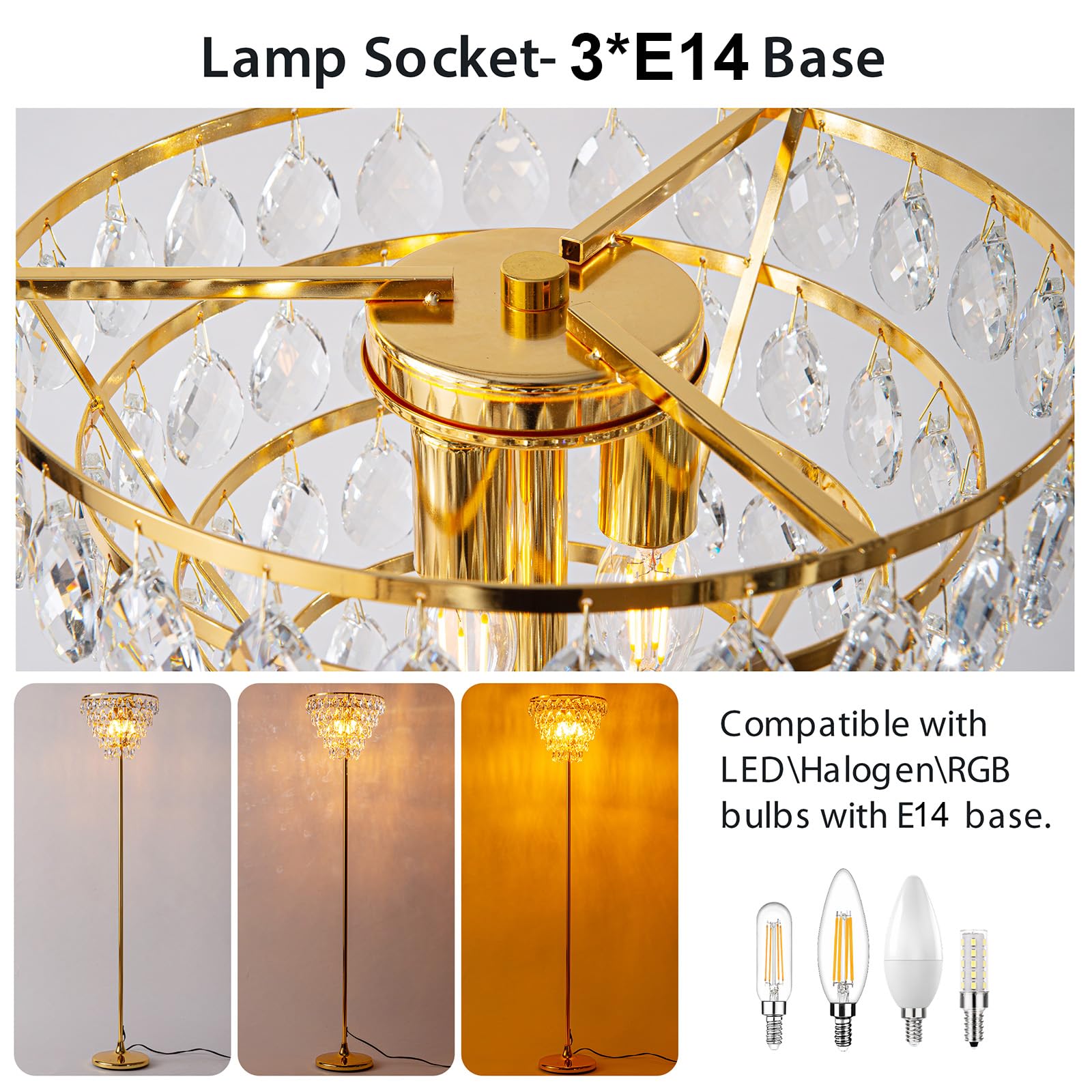 Alpinaluz Kryształowa lampa stojąca – stylowy design ze złotą podstawą, abażurą wodospadową i 3 lampami E14, nowoczesny styl do salonu, sypialni i biura