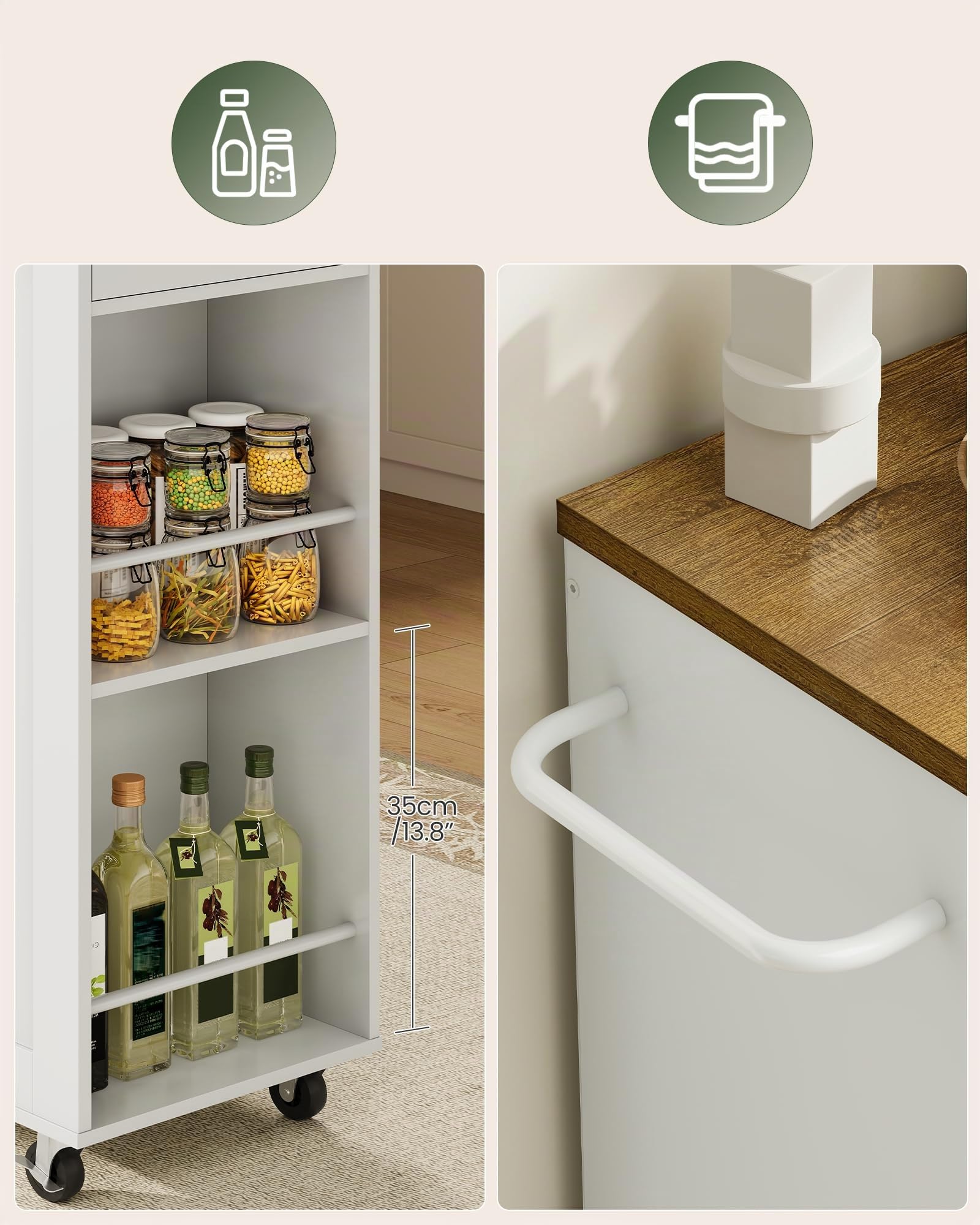 CHOEZON Carrito de Cocina Móvil con Isla, Carro con Compartimento Oculto para Basura, Carrito de Cocina con 5 Ruedas Giratorias, Cajón, Estantes y Toallero, para Cocina, Blanco y Nogal DMZD06WL