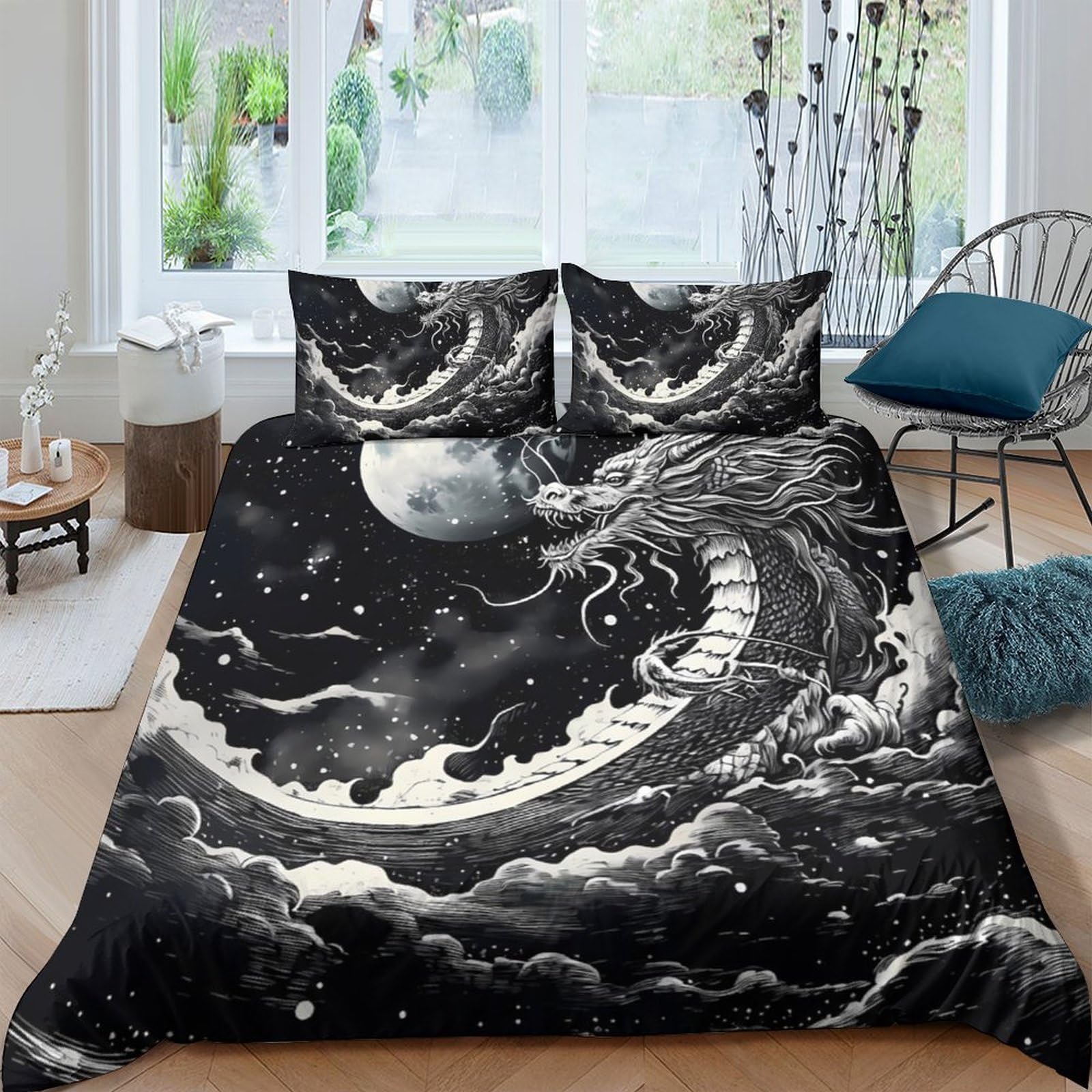 Ctjqhvkz Style-3 3D Printed Moon Dragon Fitted Sheet Microfiber Black White Fantasy Mattress Cover Bedroom Dorm Bed Decoration Single（135X200cm）
