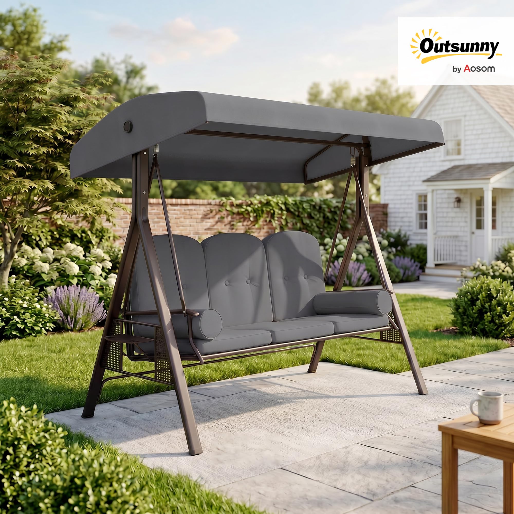 Outsunny Dondolo da Giardino 3 Posti con Tettuccio Parasole Regolabile, Dondolo da Esterno con Portabicchieri e Cuscini Imbottiti, Portata 360 kg, 208x121x172 cm, Grigio Scuro