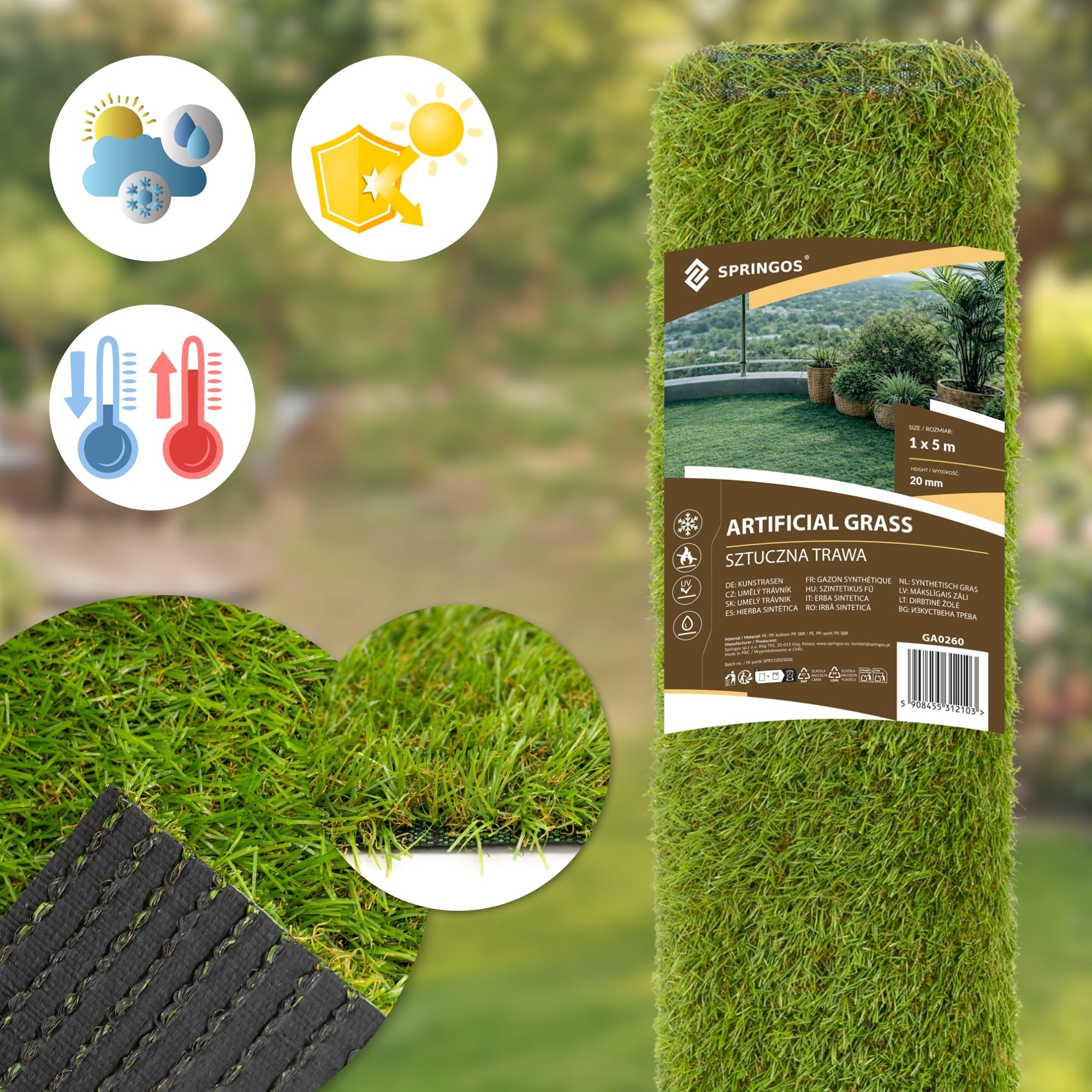 SPRINGOS Gazon artificiel, 5 x 1 m, 20 mm, tapis de jardin, résistant aux UV, avec trous de drainage, gazon artificiel, extérieur, pour balcon, terrasse, patio, animaux domestiques