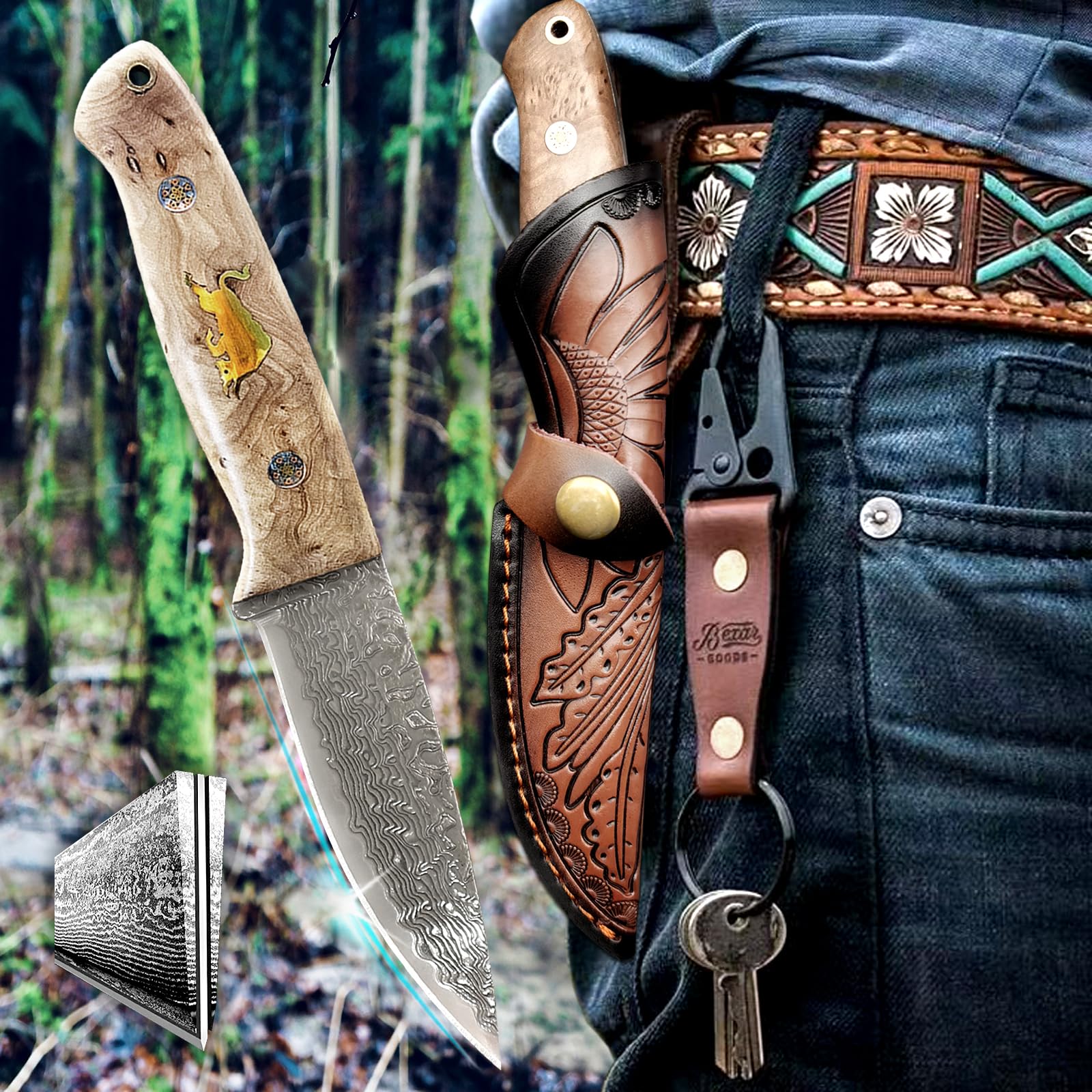 Feststehendes 67-lagiges VG10 Damast Jagdmesser mit Massivholzgriff & Lederscheide, Outdoor Überlebensmesser für Camping Wandern Angeln, Geschenk für Männer