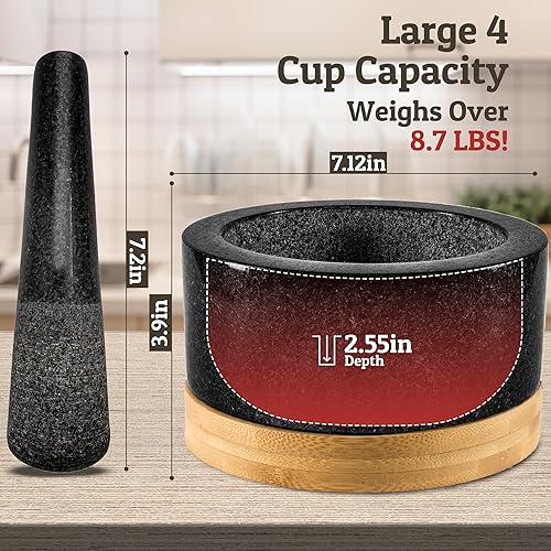 Miniatura 8 de Juego de mortero y mortero de alta resistencia con base de bambú, 4 tazas extragrandes, mortero de granito 100% natural y cuenco de molinillo de