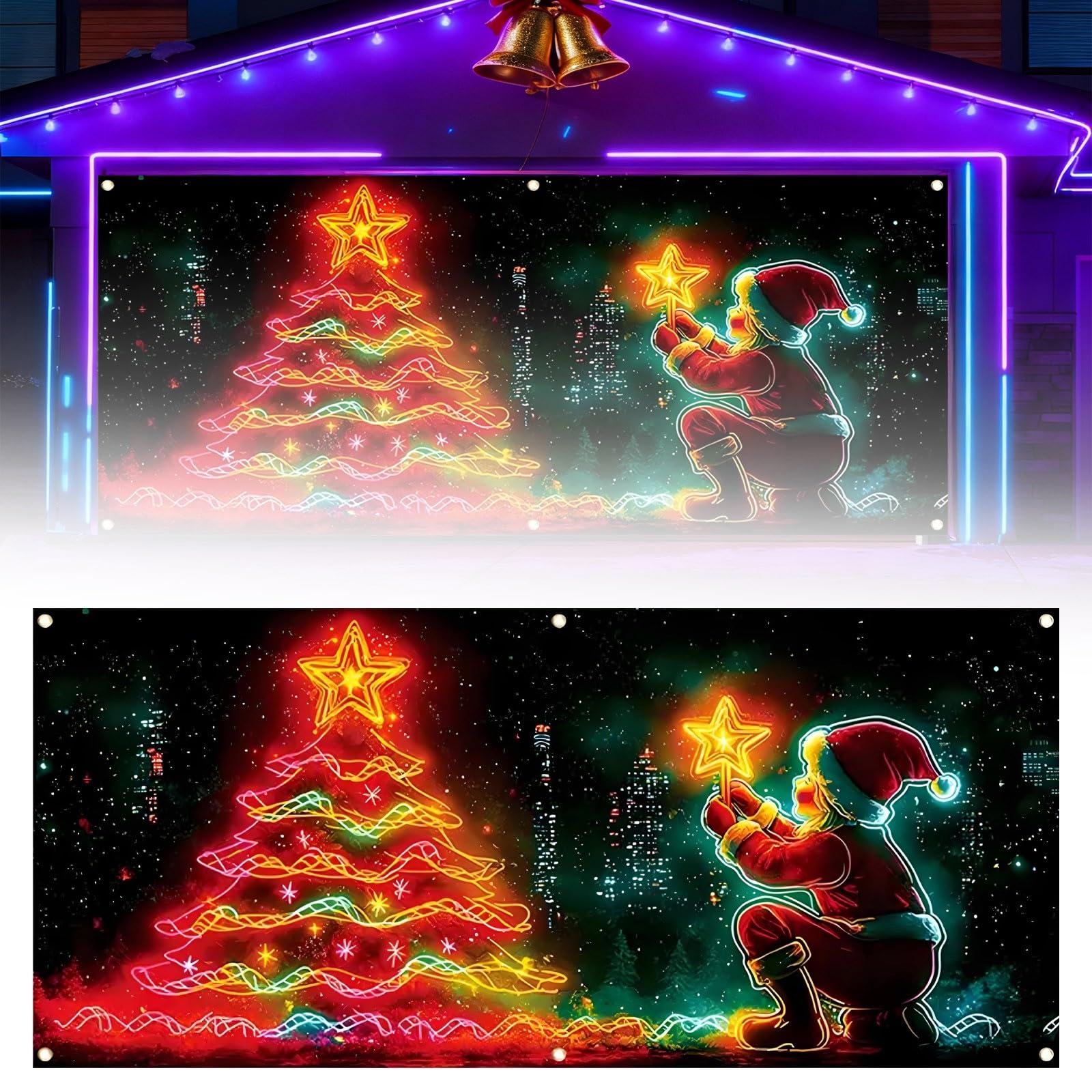 Banner fluorescente para puerta de garaje, festivas, festividades, para fiestas, 157 x 71 pulgadas, fondo de fotografía de Papá Noel